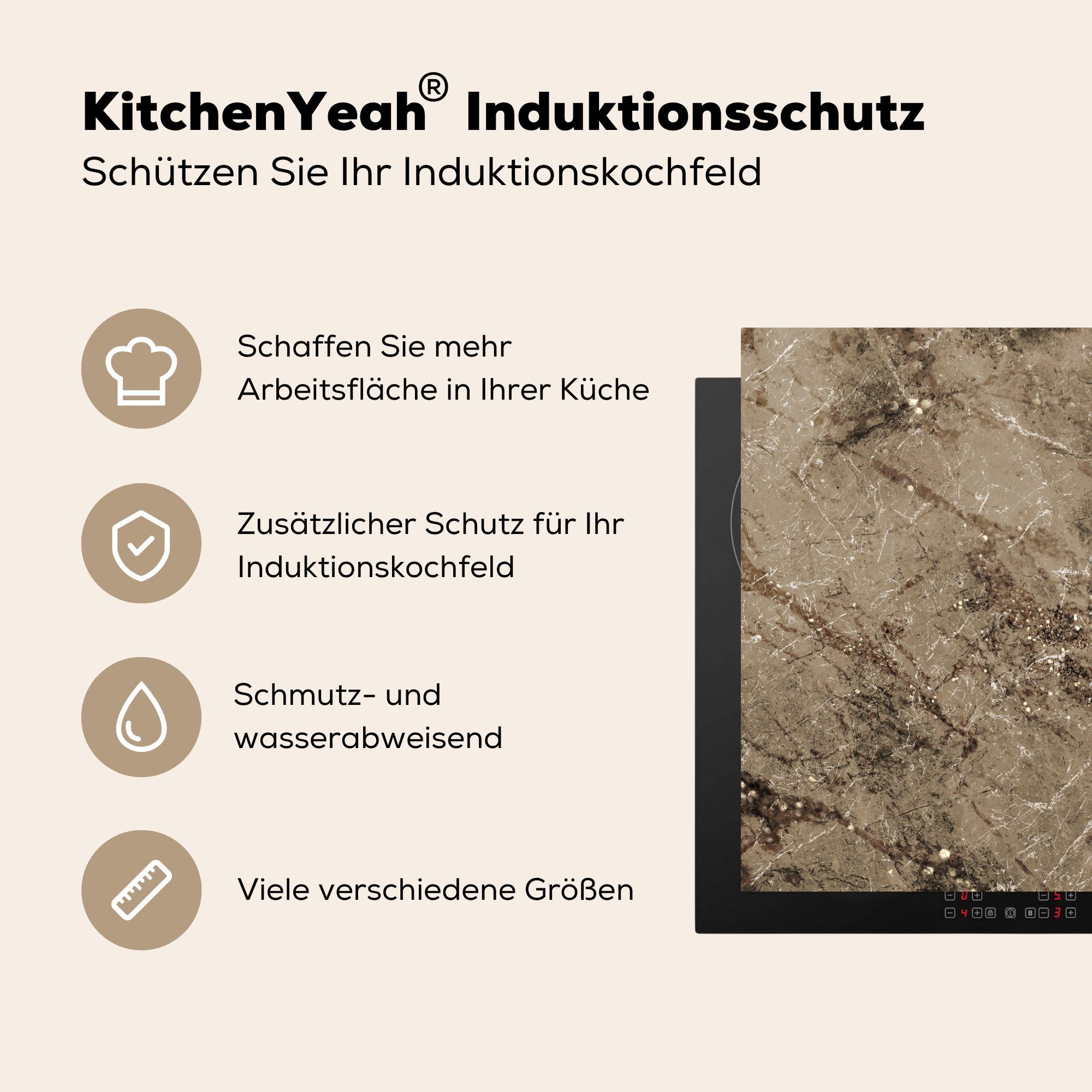Vinyl, tlg), für Herdblende-/Abdeckplatte Muster Braun, küche MuchoWow 78x78 cm, Ceranfeldabdeckung, Marmor - - (1 Arbeitsplatte