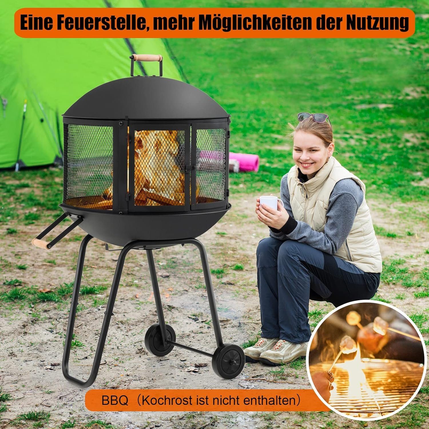 Terrassenkamin, mit Feuerstelle rollbarer 108x56cm KOMFOTTEU Funkenschutz,