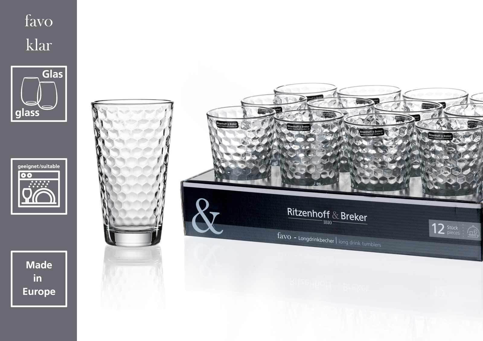 Ritzenhoff & Breker Longdrinkglas Favo Longdrinkgläser 400 ml 12er Set, 12-tlg., Glas