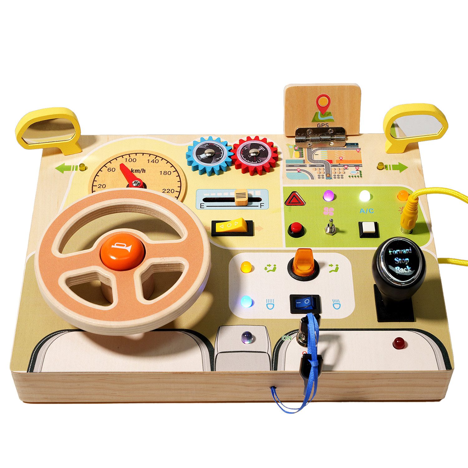 Bextcok Motorikbrett Montessori Sensorik‑Busyboard aus Holz mit Lenkrad & LED‑Schaltern, Simuliertes Lenkrad, Frühförderung, Reisespielzeug, Geschenk