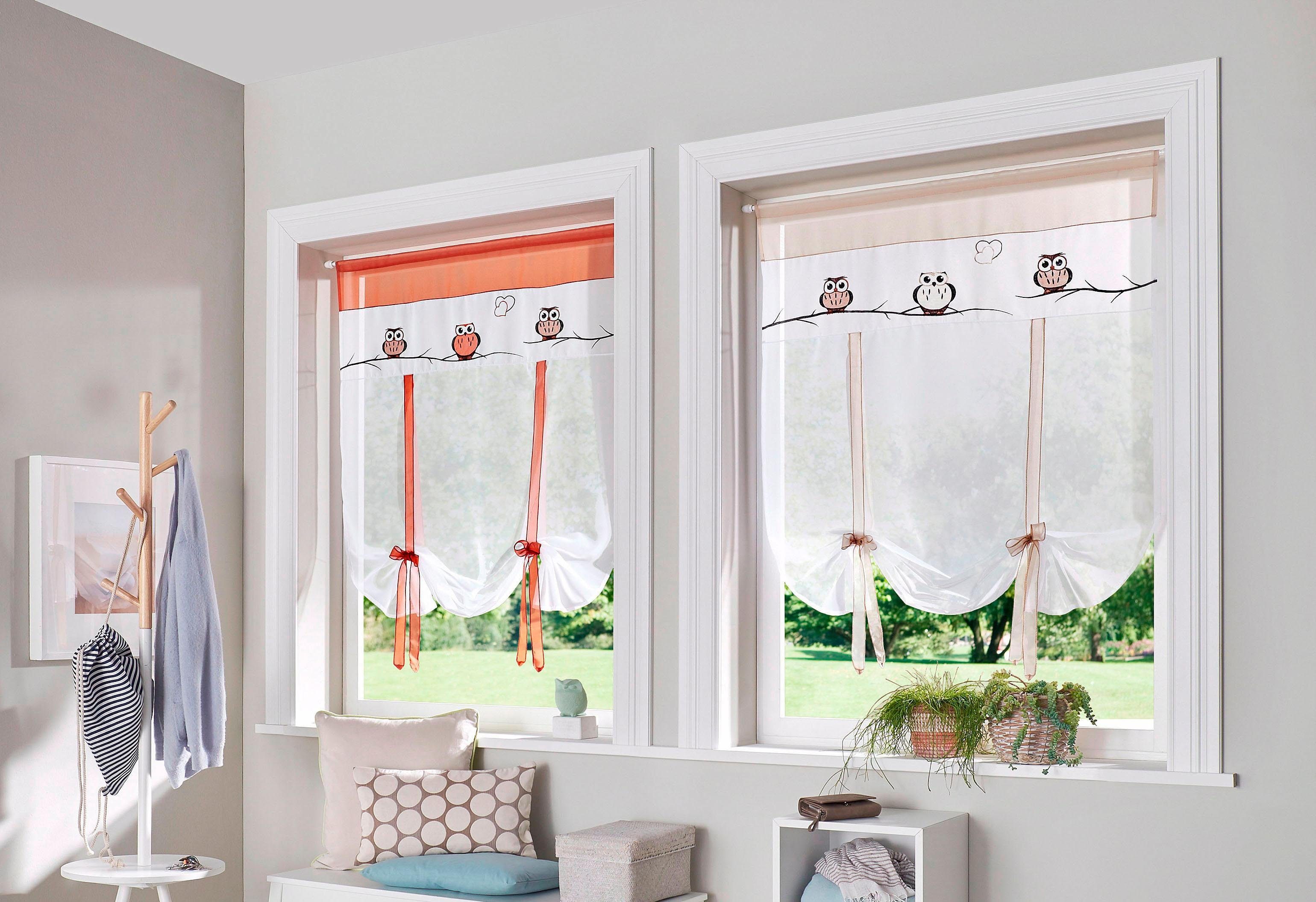 OTTO home Bindegardine Java (1 St), Stangendurchzug, transparent, Voile, Fertiggardine, transparent, mit bestickten Eulen