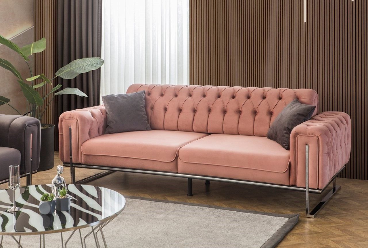 Xlmoebel 3-Sitzer XLMOEBEL Sofa in Rosa mit modernem Design und Silberrahmen, Sofa 3 Sitzer 1 Teile, Made in Europa