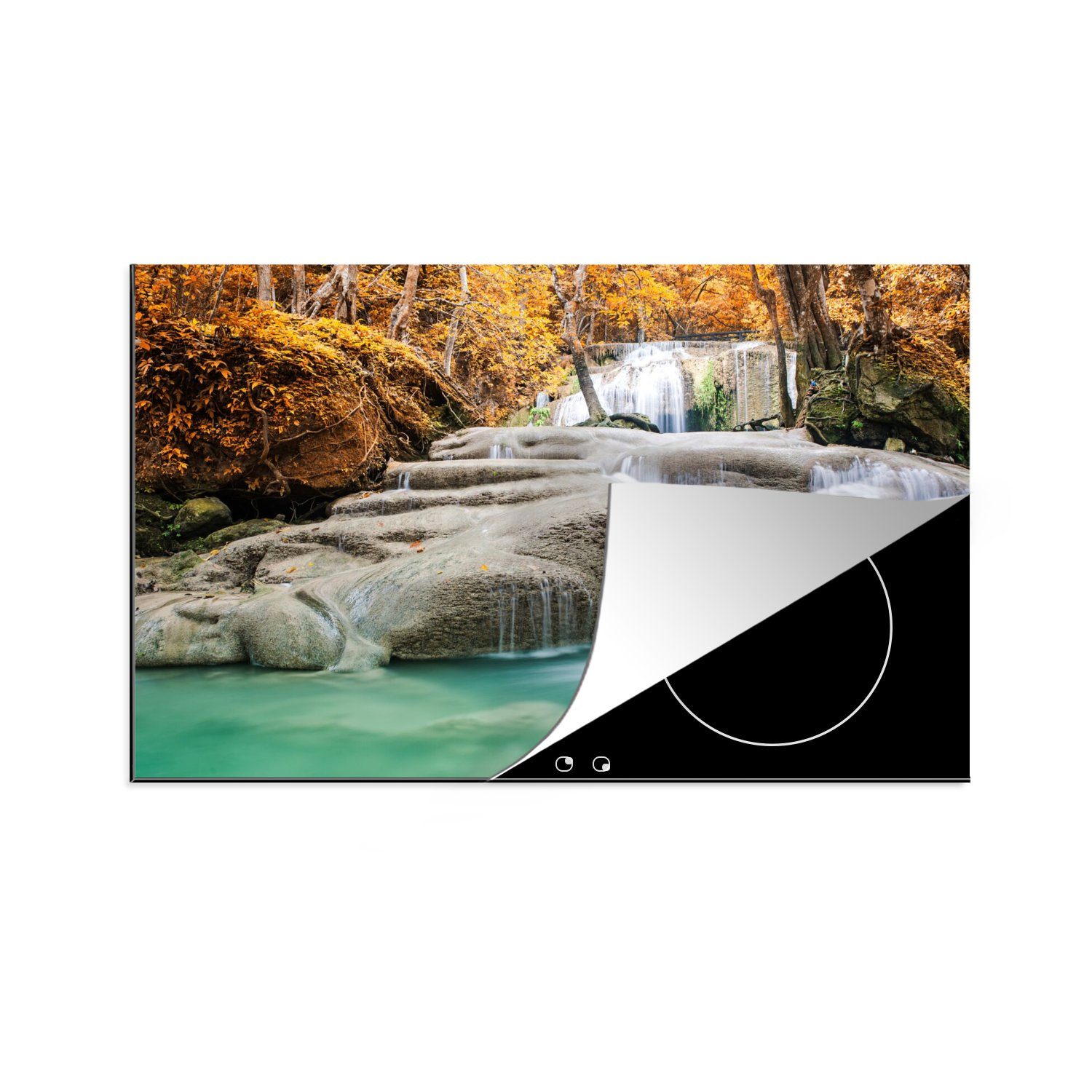 MuchoWow Herdblende-/Abdeckplatte Wald - Wasserfall - Herbst, Vinyl, (1 tlg), 80x52 cm, Induktionskochfeld Schutz für die küche, Ceranfeldabdeckung