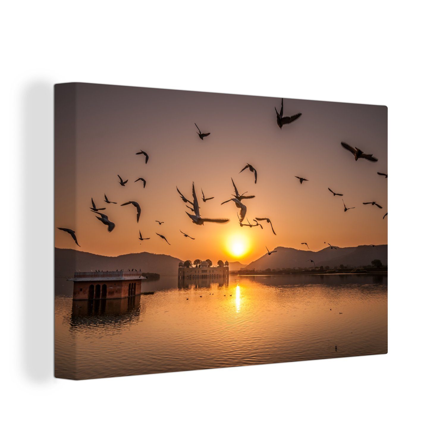 Indien, in Sonnenaufgang Aufhängefertig, St), (1 fliegen bei Vögel dem über Mahal Wandbild 30x20 cm Leinwandbilder, Jaipur, OneMillionCanvasses® Wanddeko, Jai Leinwandbild