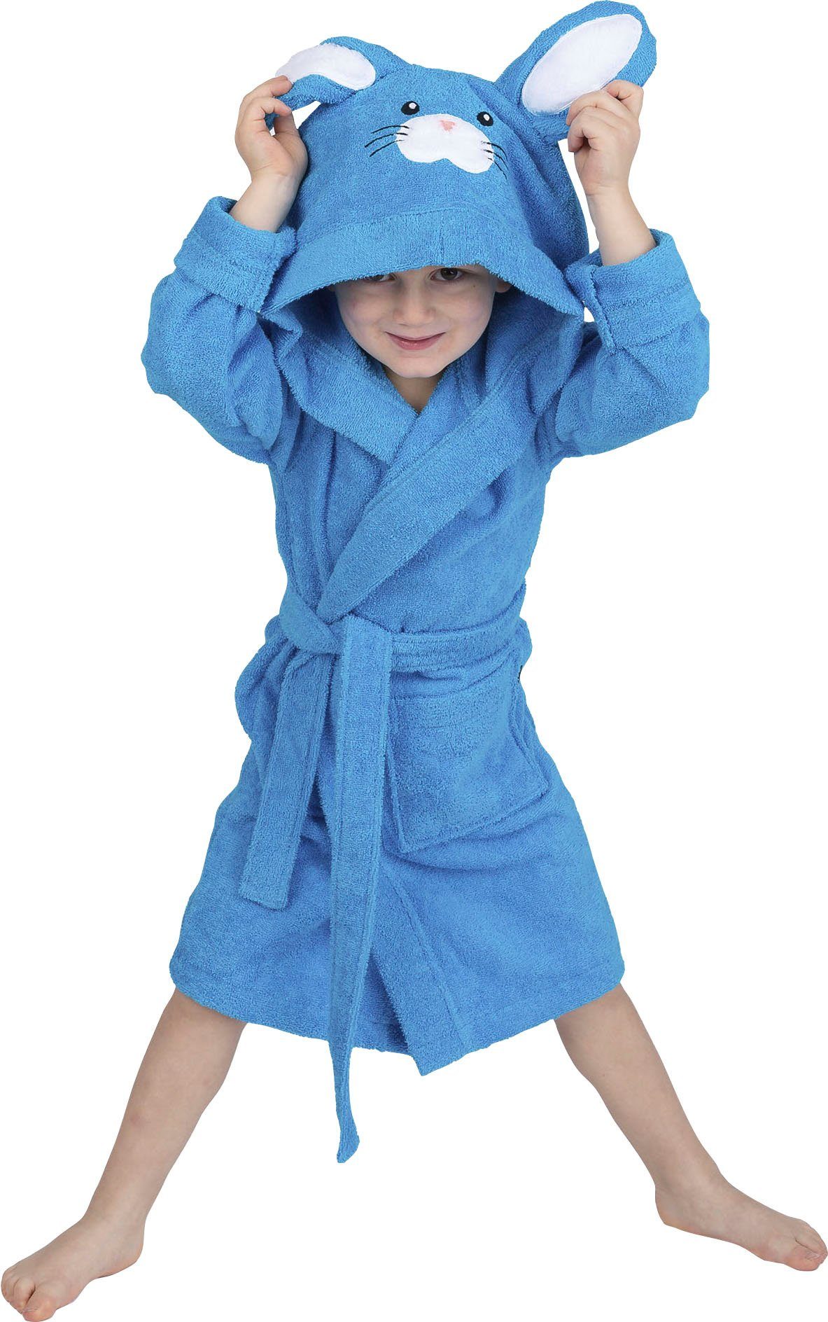 niedlicher Mädchen fashion Kinderbademantel für Jungen, Wewo Kapuze Kapuze, Baumwolle, türkis mit 8024, Kurzform, Gürtel, &