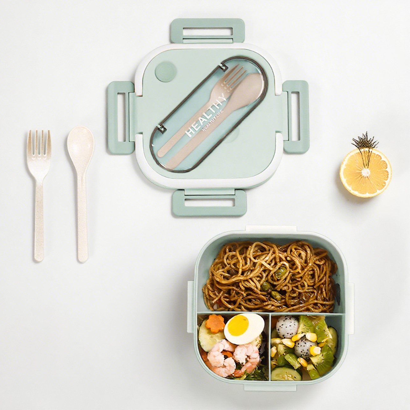 FANNOU Lunchbox Lunch-Behälter (3 Fächer), Auslaufsicher & BPA-frei-mit Besteck, für Kinder und Erwachsene Brotdose mit Fächern