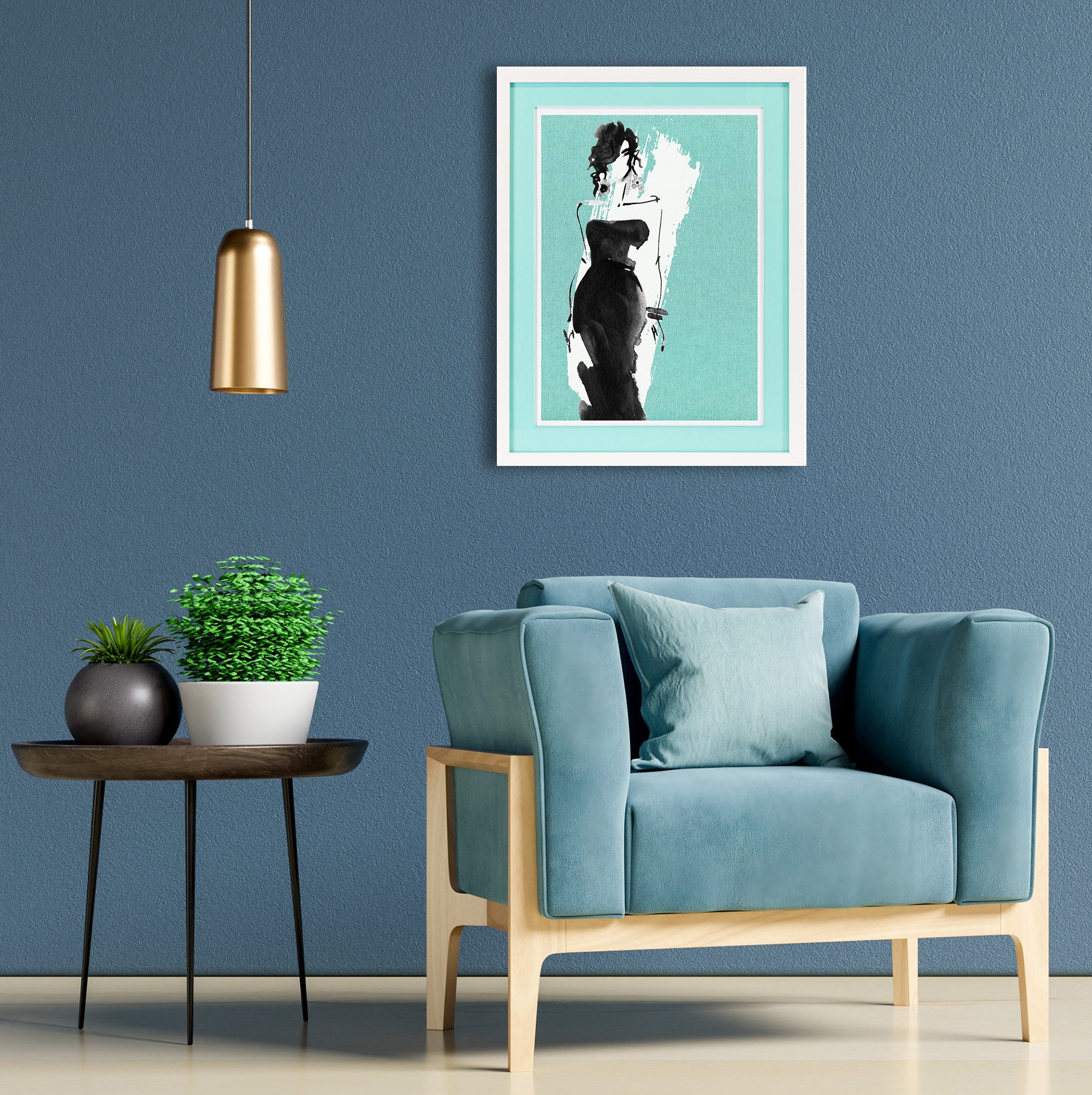 queence Bild mit Rahmen Skizze, Mode, türkis, Bilder von Frauen, Fashion, Frau, Mode, Modebilder (1 St), Poster mit buntem Acrylglas Passepartout