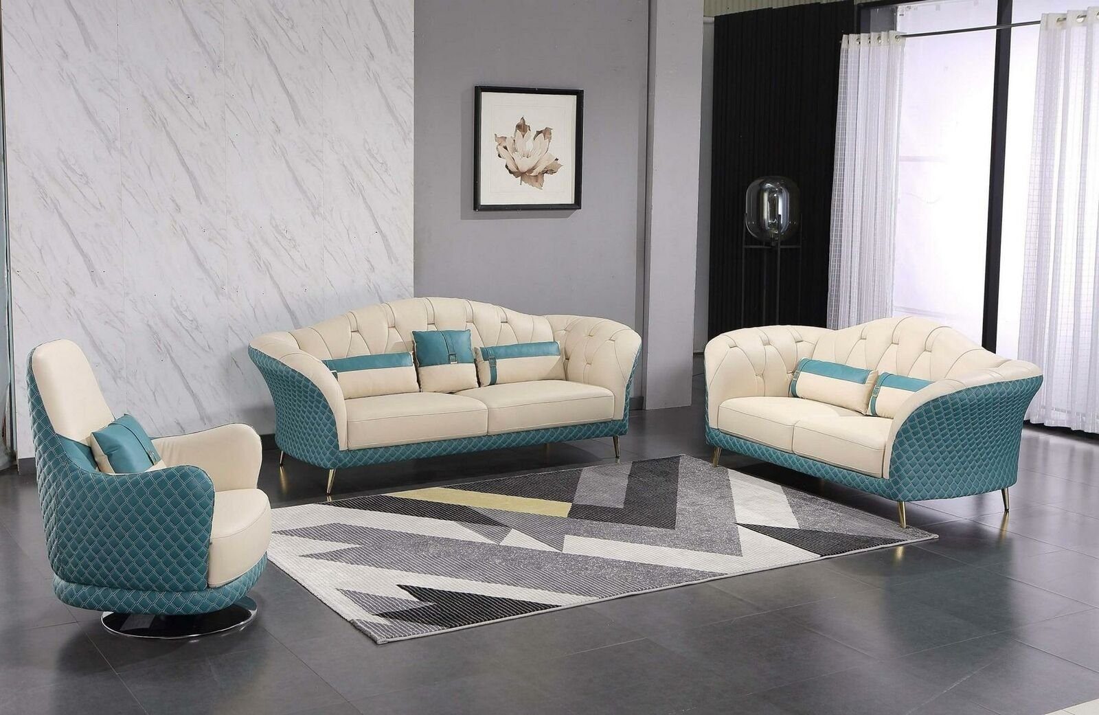 JVmoebel Wohnzimmer-Set Designer Garnituren Sofa Couch Polster Garnitur 5tlg. Leder Couchtisch, (6-St) Beige/Blau