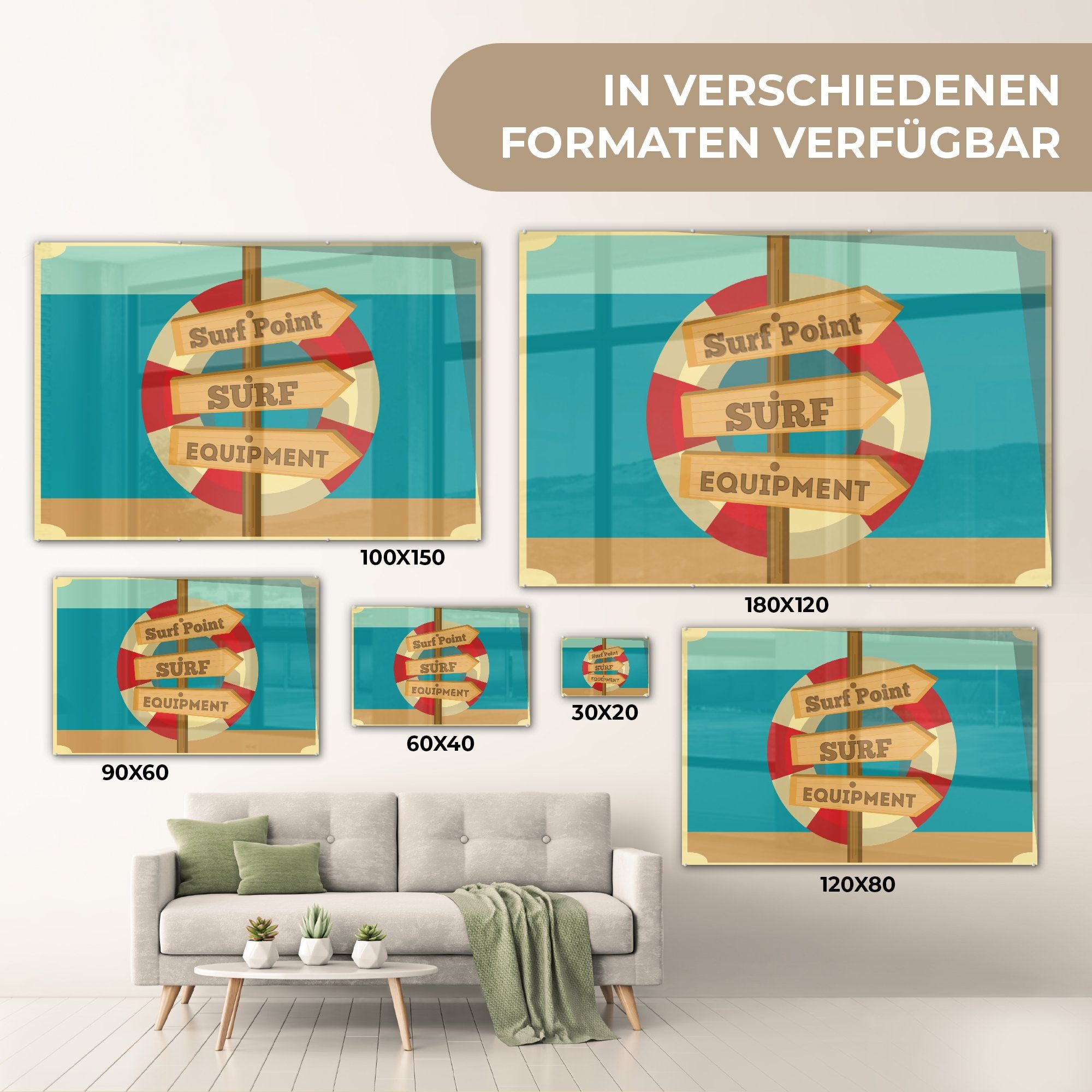 MuchoWow Acrylglasbild Illustration 'surf & mit surf Rettungsboje, Wohnzimmer (1 equipment' point, Acrylglasbilder St), Schlafzimmer