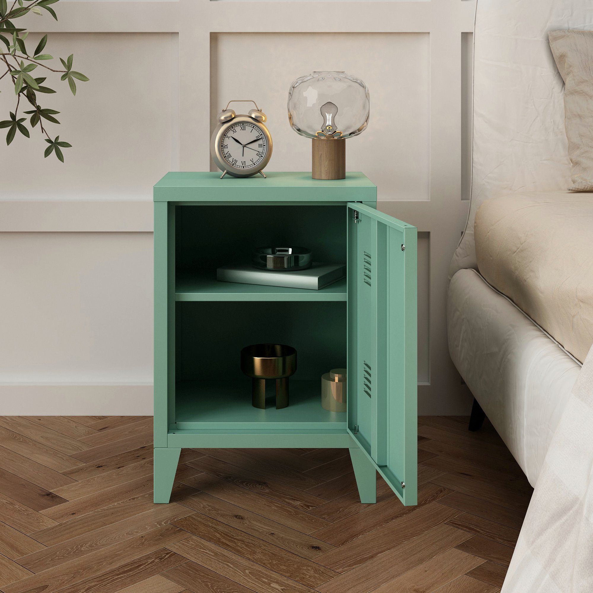 en.casa Nachtschrank (1-St) »Inari« mit Türgriff links Stahl 57 x 40 x 30 cm Pastellgrün