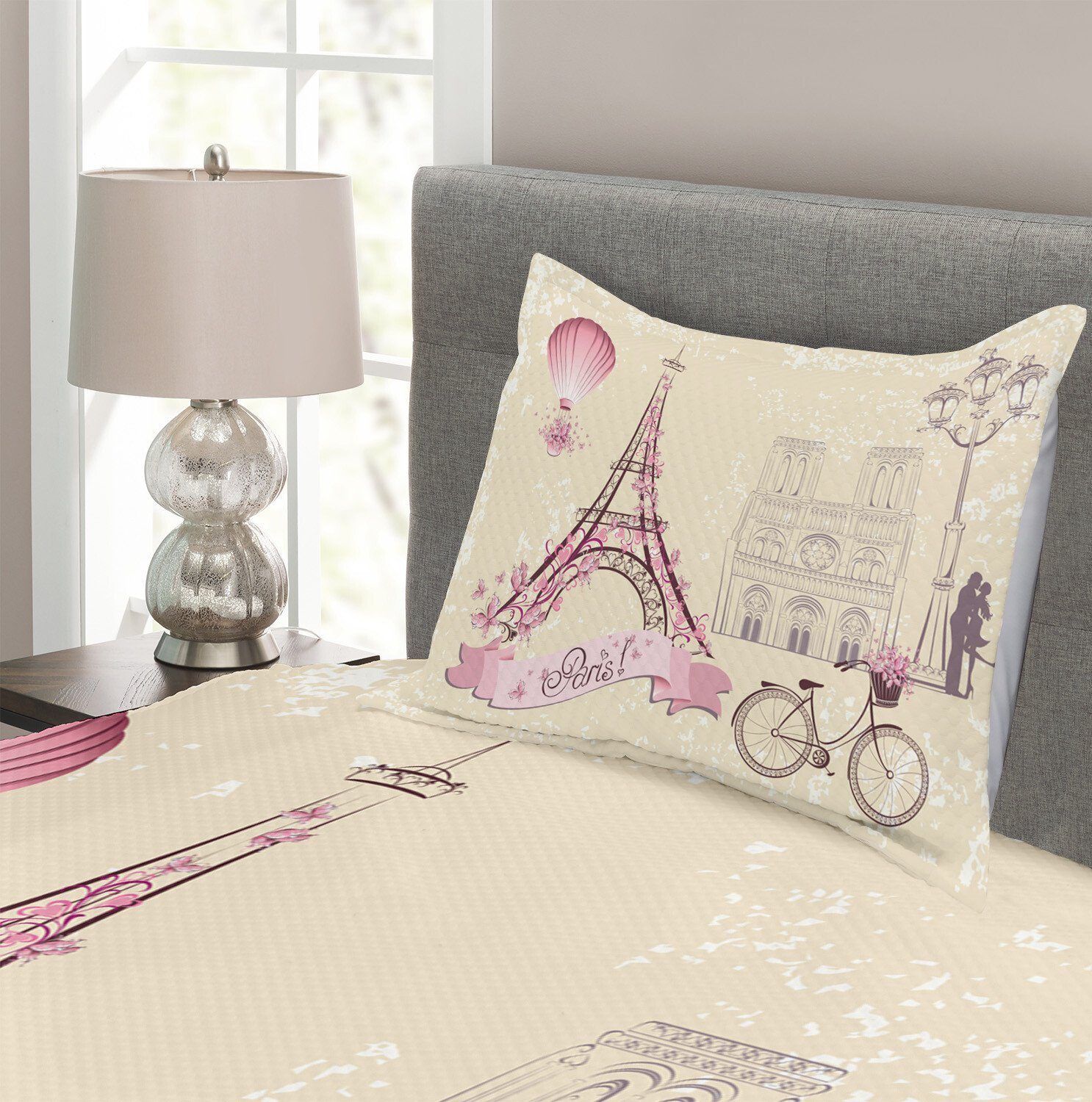 Tagesdecke Paris Paris Set Eiffel Abakuhaus, Floral mit Waschbar, Kissenbezügen