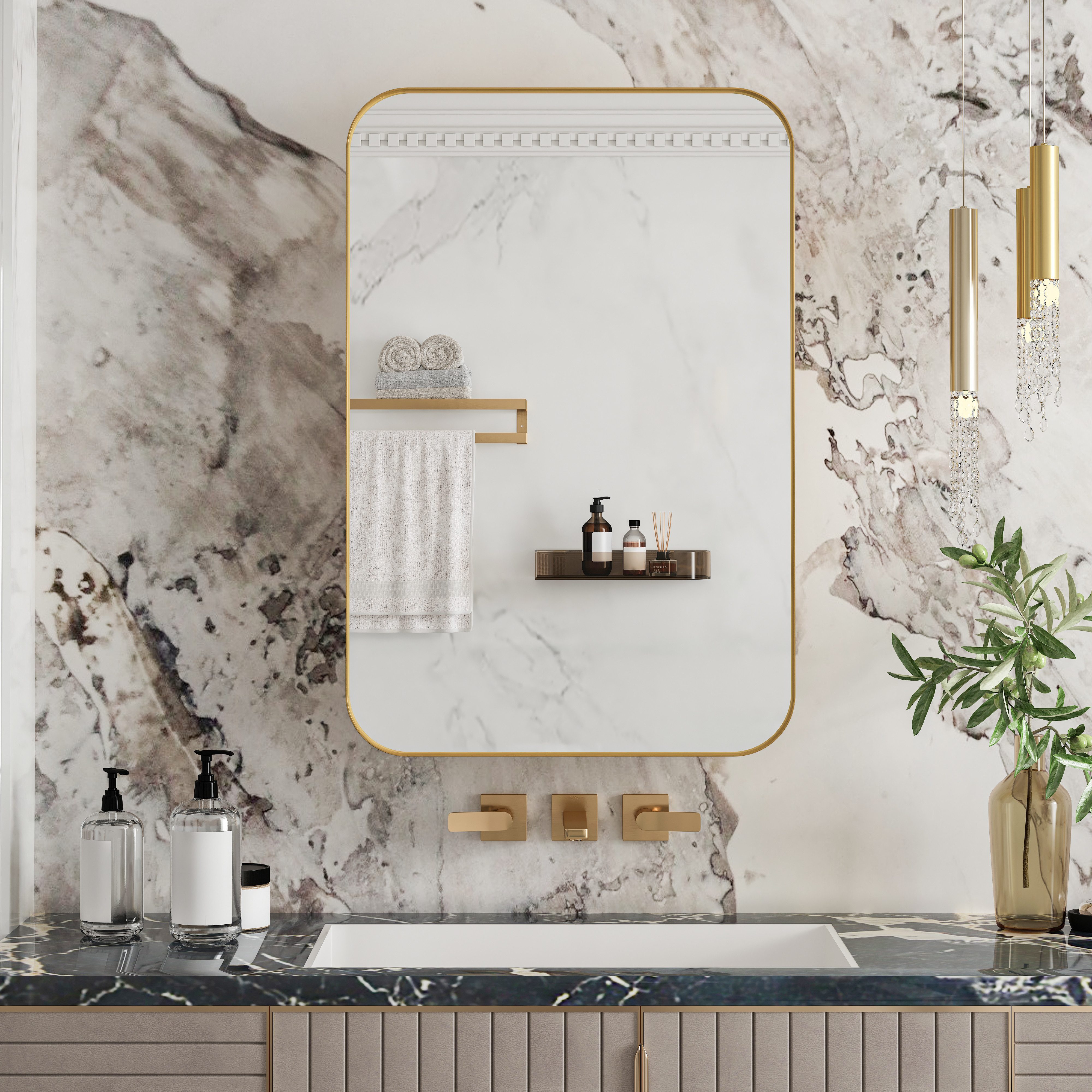 Celya Spiegelschrank Moderner Wand-Badezimmerschrank,Rechteckiger Spiegelschrank (für Bad, Wohnzimmer und Schlafzimmer, Spiegelschrank mit Stauraum) Metallrahmen-Schrank mit Spiegel & einstellbaren Shelves,Gold