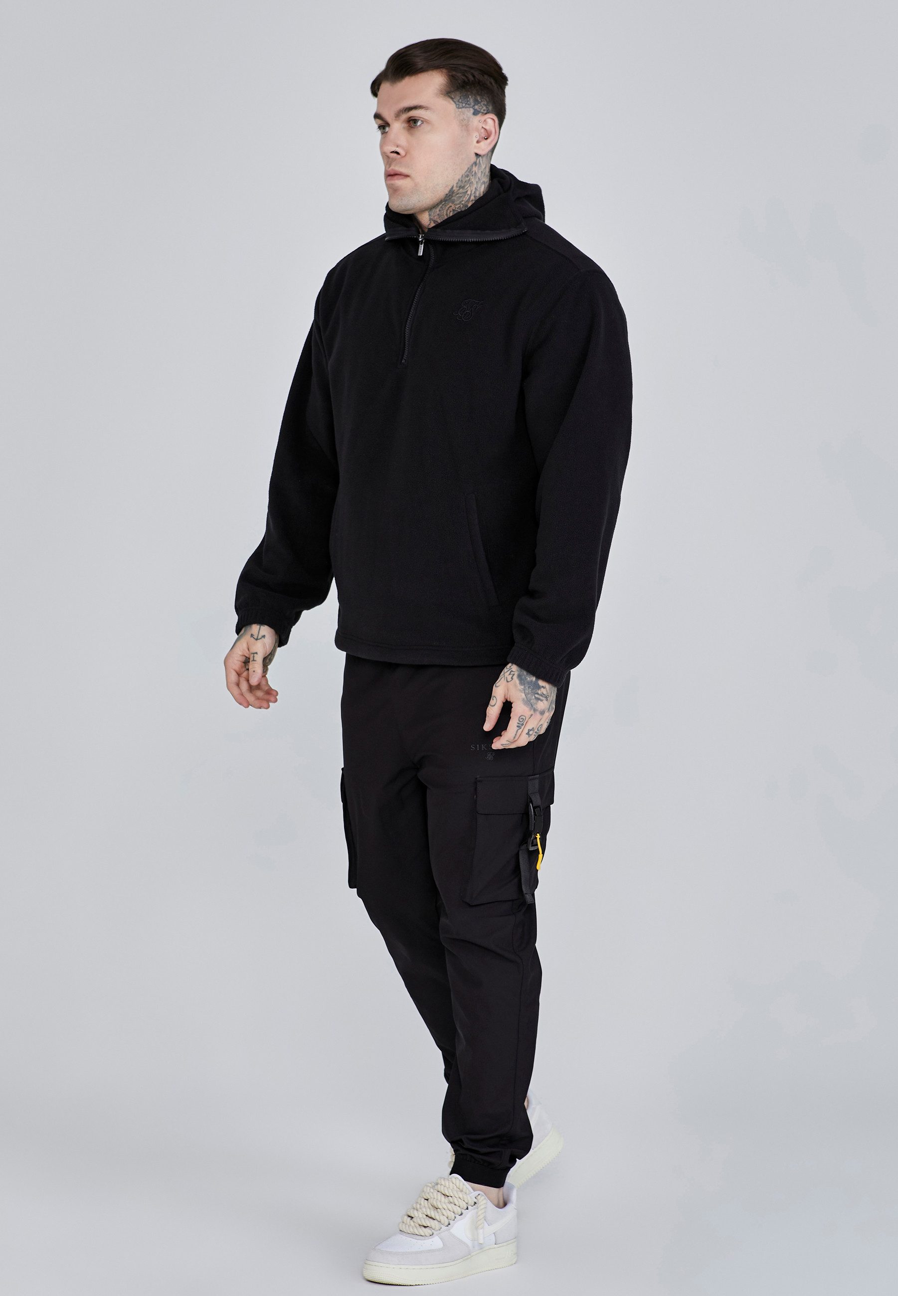 Hoodie SikSilk Herren Schwarzer Polar Fleece Kapuzenpullover