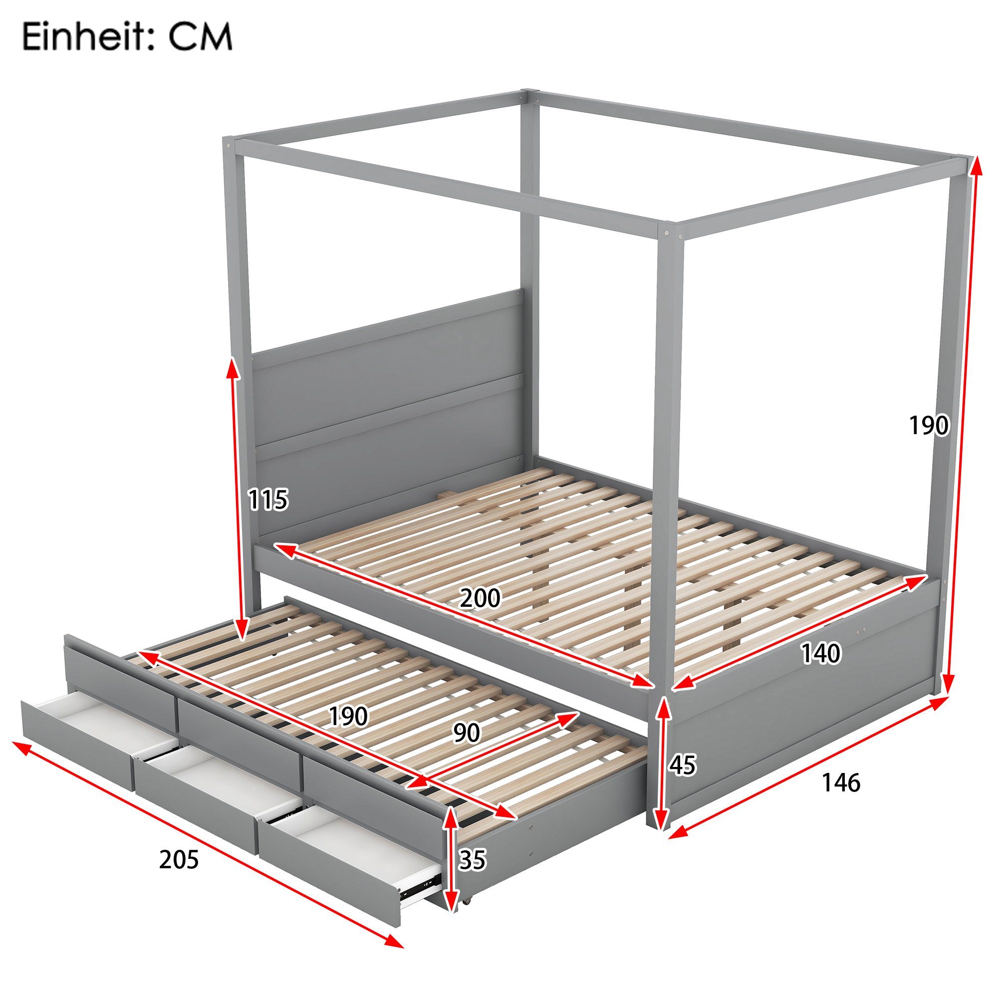 drei 200 140 Einzelbett (mit Matratze Stauraumbett Ohne Himmelbett, Ausziehhare Pritsche, und REDOM Grau Funktionsbett x ausziehbarem Ablagefächern), Liegeffäche,