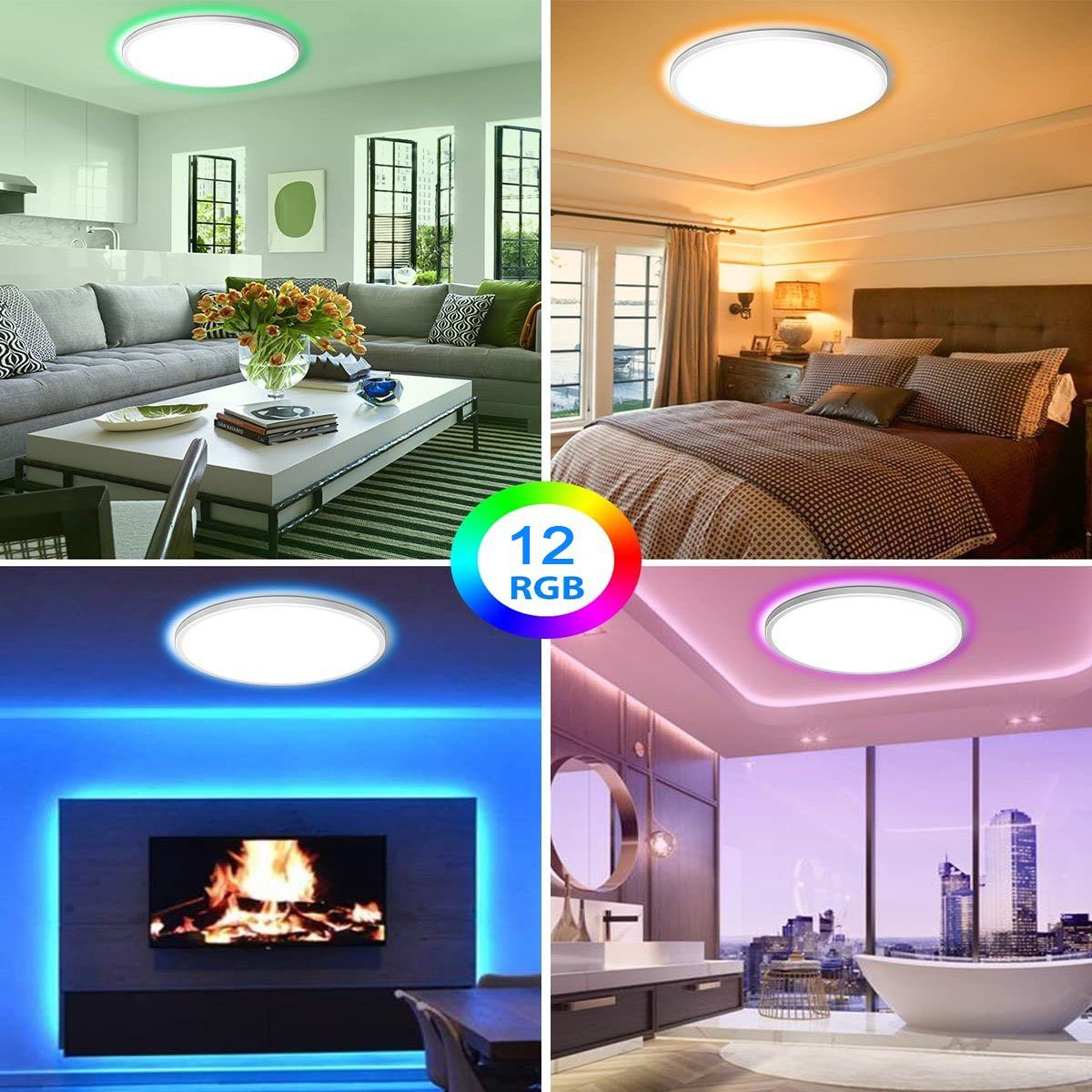 oyajia Deckenleuchte 28W LED Wasserdicht IP54 Deckenleuchte fest Farbwechsel integriert, 24W mit Kinderzimmer Wohnzimmer Lamp, Rund Fernbedienung, RGB LED Lampen, für Schlafzimmer 3000K-6000K-4500K-Nachtlicht-RGB, Dimmbar