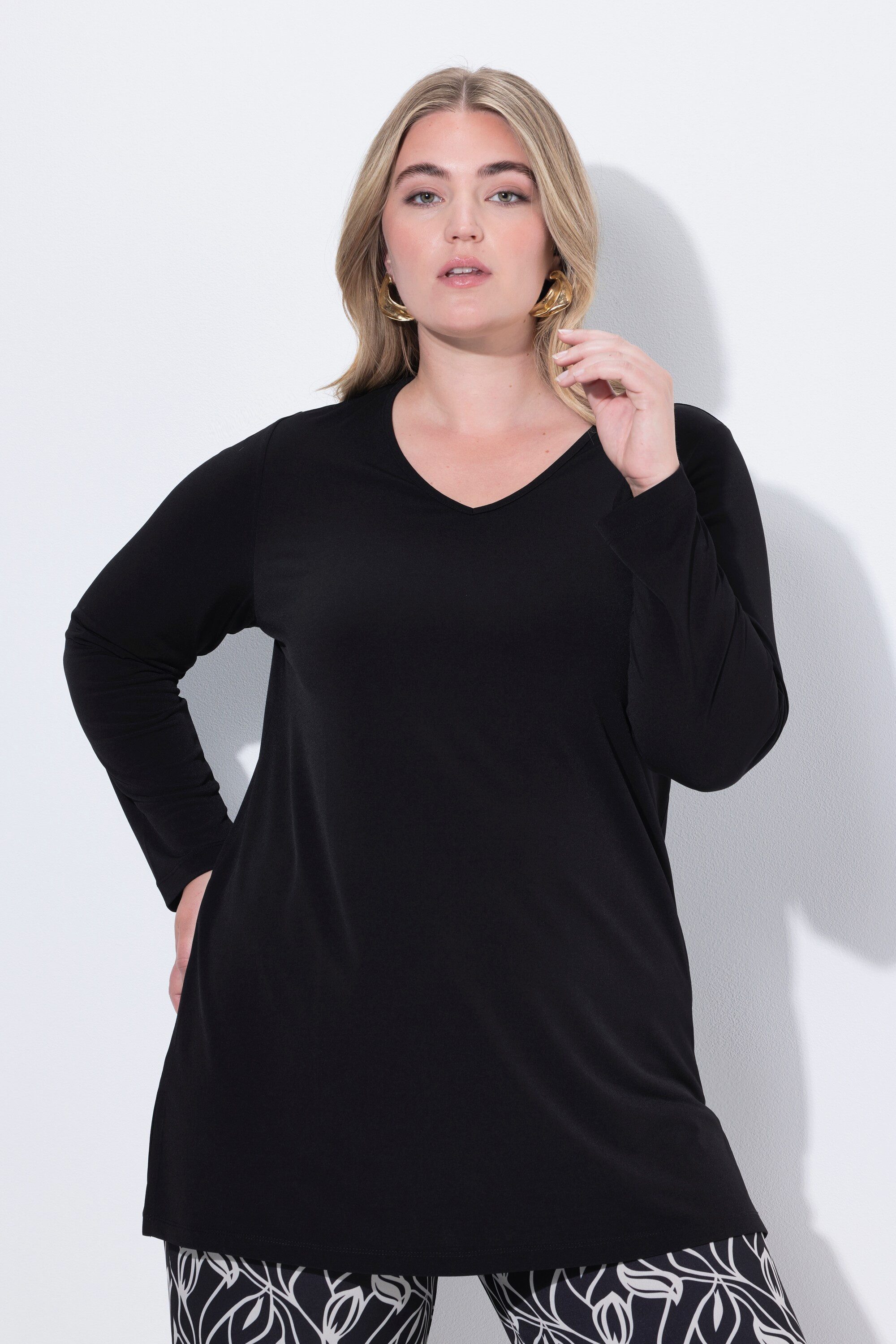 Longshirt Longshirt A-Linie V-Ausschnitt Langarm