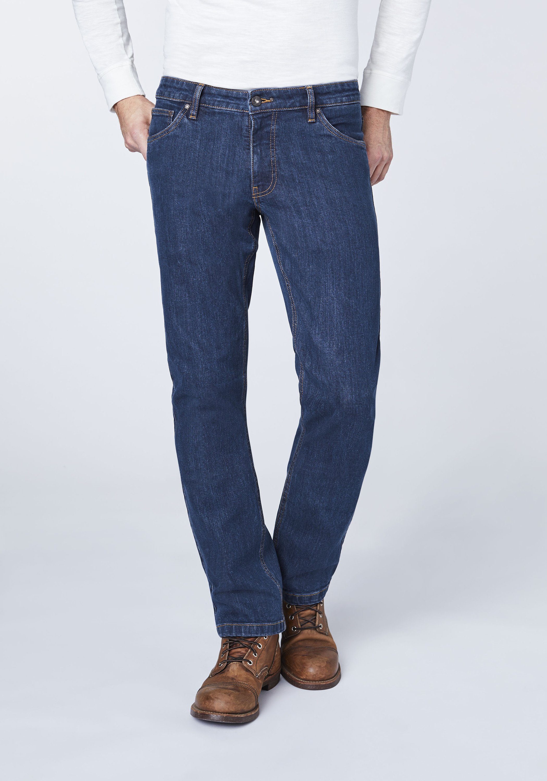 klassischer OKLAHOMA PREMIUM in (1-tlg) Mittelblau DENIM Waschung Straight-Jeans