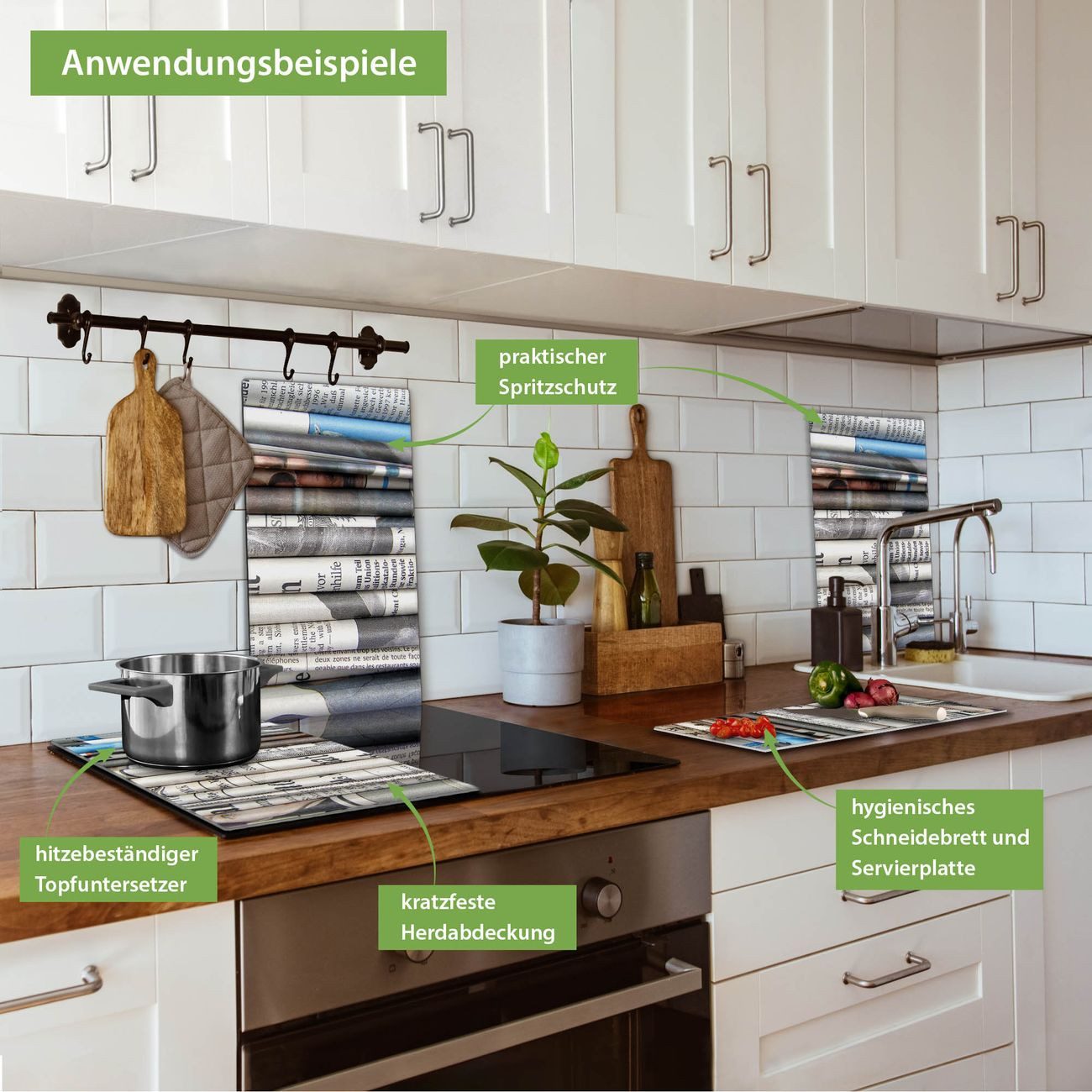 banjado Herd-Abdeckplatte zweiteilig aus Glas mit Motiv Zeitungen, (gehärtet, 2 tlg., inkl. selbstklebende Gummifüßchen)