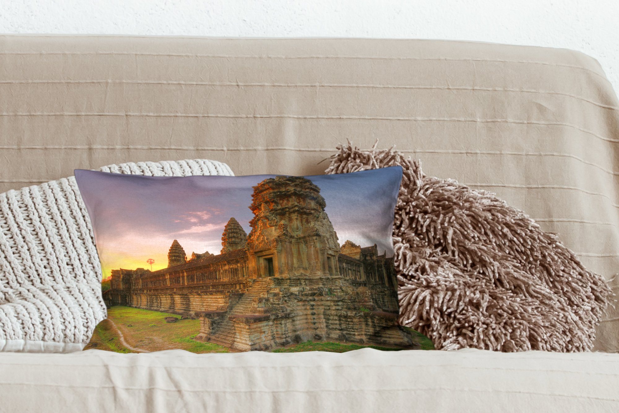 MuchoWow Dekokissen Sonnenaufgang in Schlafzimmer Dekoration, Füllung, Zierkissen, Wohzimmer Angkor Kambodscha, Dekokissen mit am Wat