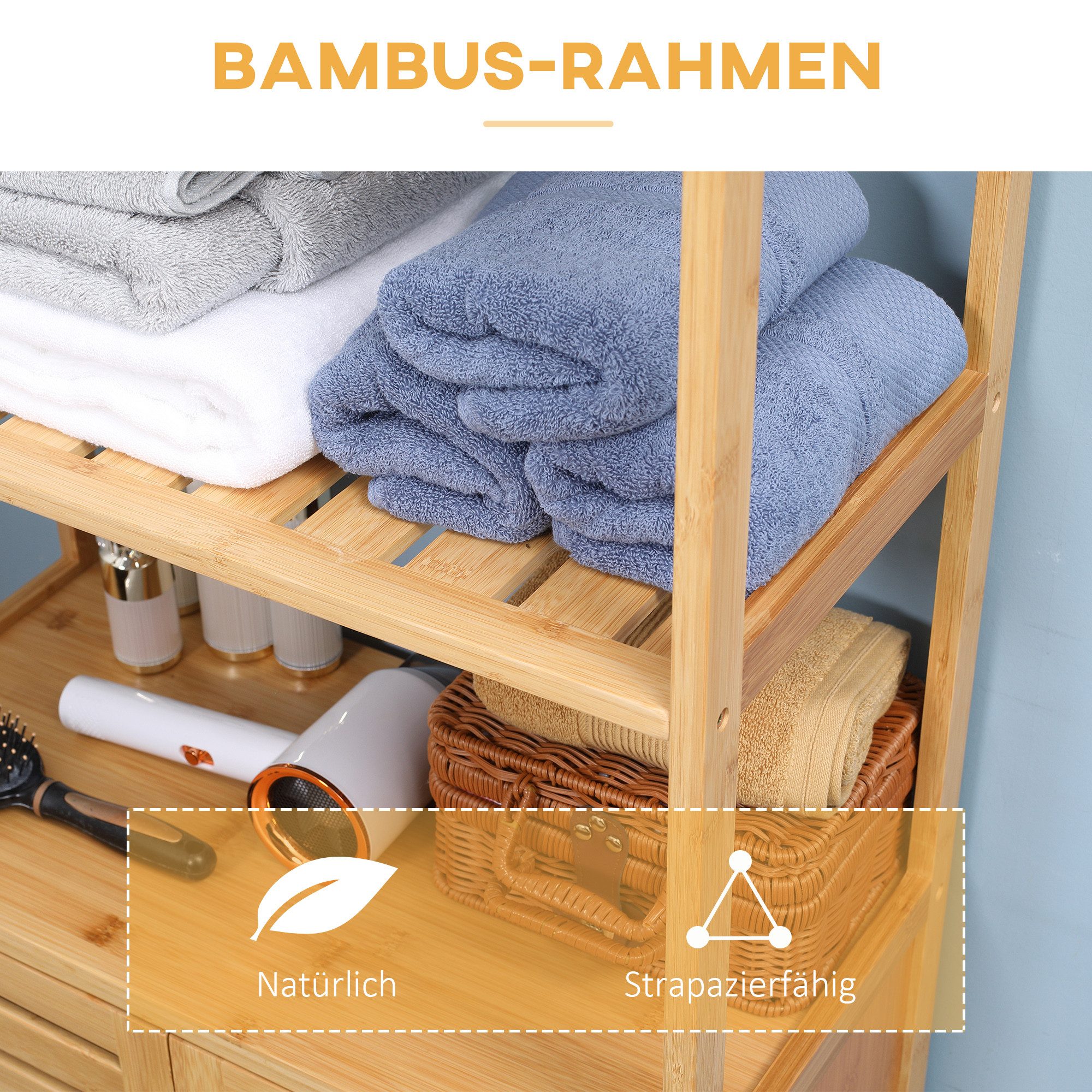 Kleankin Badkommode Küchen-/Aufbewahrungsschrank, 2 Lamellentüren, 2 offene Fächer (Badezimmerschrank aus Bambus, 1 St., Badschrank), für Badezimmer, Wohnzimmer – Bild 5 von 5