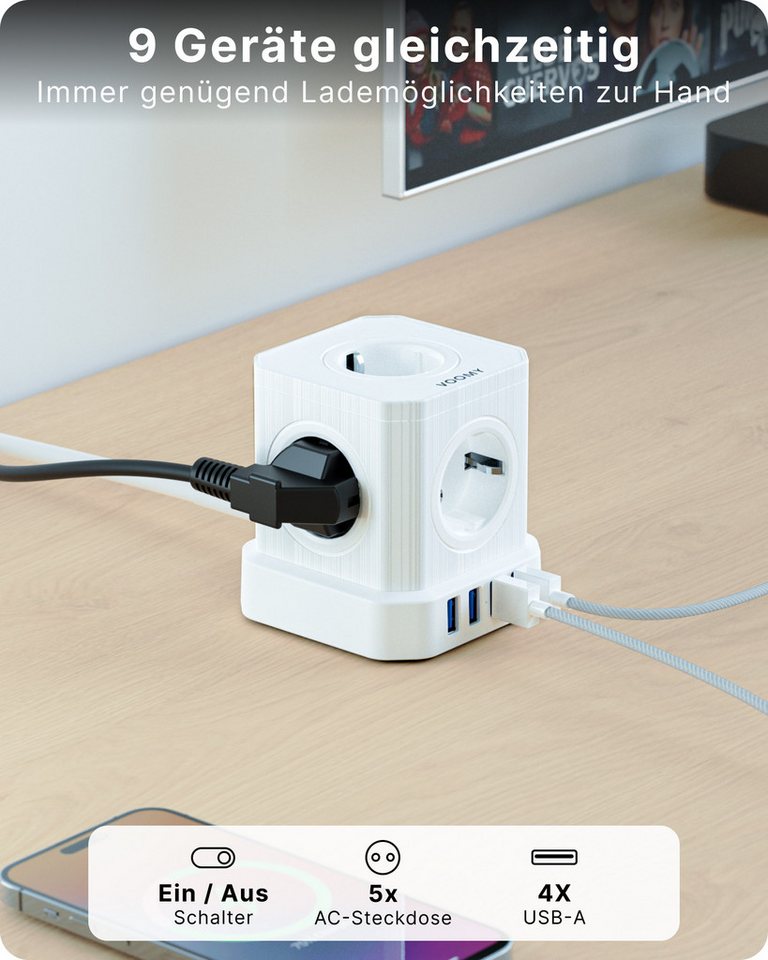 Thumbnail - Voomy Power S5 Mehrfachsteckdose (4 USB-A, 5 AC, mit Überspannungsschutz, Kabellänge 2 m), 2500W mit Schalter