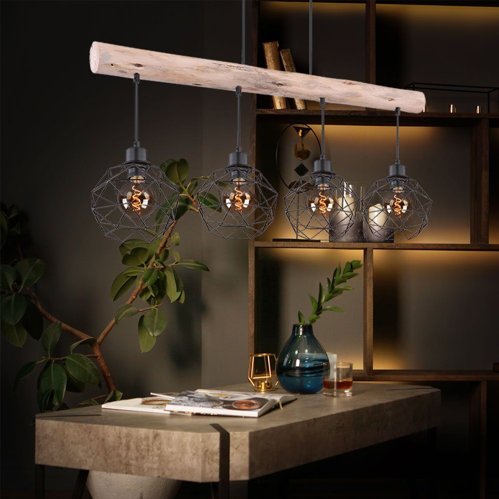 etc-shop LED Pendelleuchte, Leuchtmittel inklusive, Warmweiß, Vintage Pendel Decken Lampe Holz Balken Gitter Hänge Lampe schwarz im