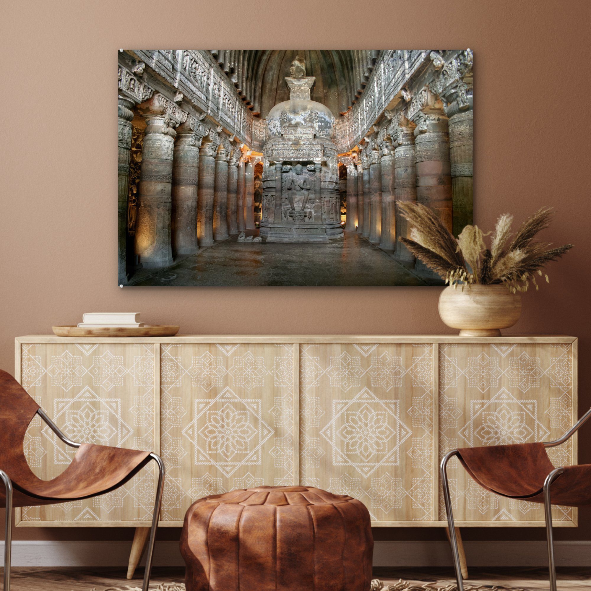 Ajanta-Höhlen, Acrylglasbilder Wohnzimmer Acrylglasbild (1 in Die Schlafzimmer geschnitzten einer der Halle MuchoWow St), &