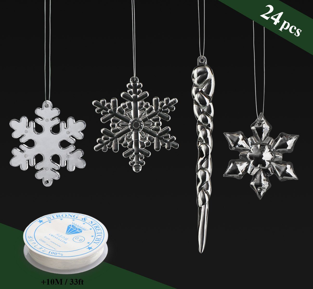Christbaumschmuck 24tlg hängende Acryl Schneeflocke und Eiszapfen Ornamente