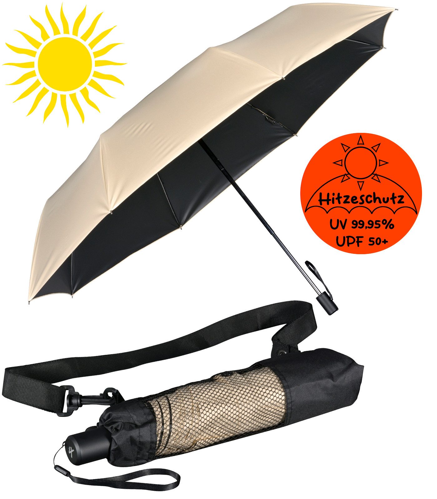iX-brella Trekkingschirm XL Sonnen-Regenschirm mit UPF 50+, UV-Hitze-Schutz, mit Umhängetasche, mit Handöffner, innen schwarz