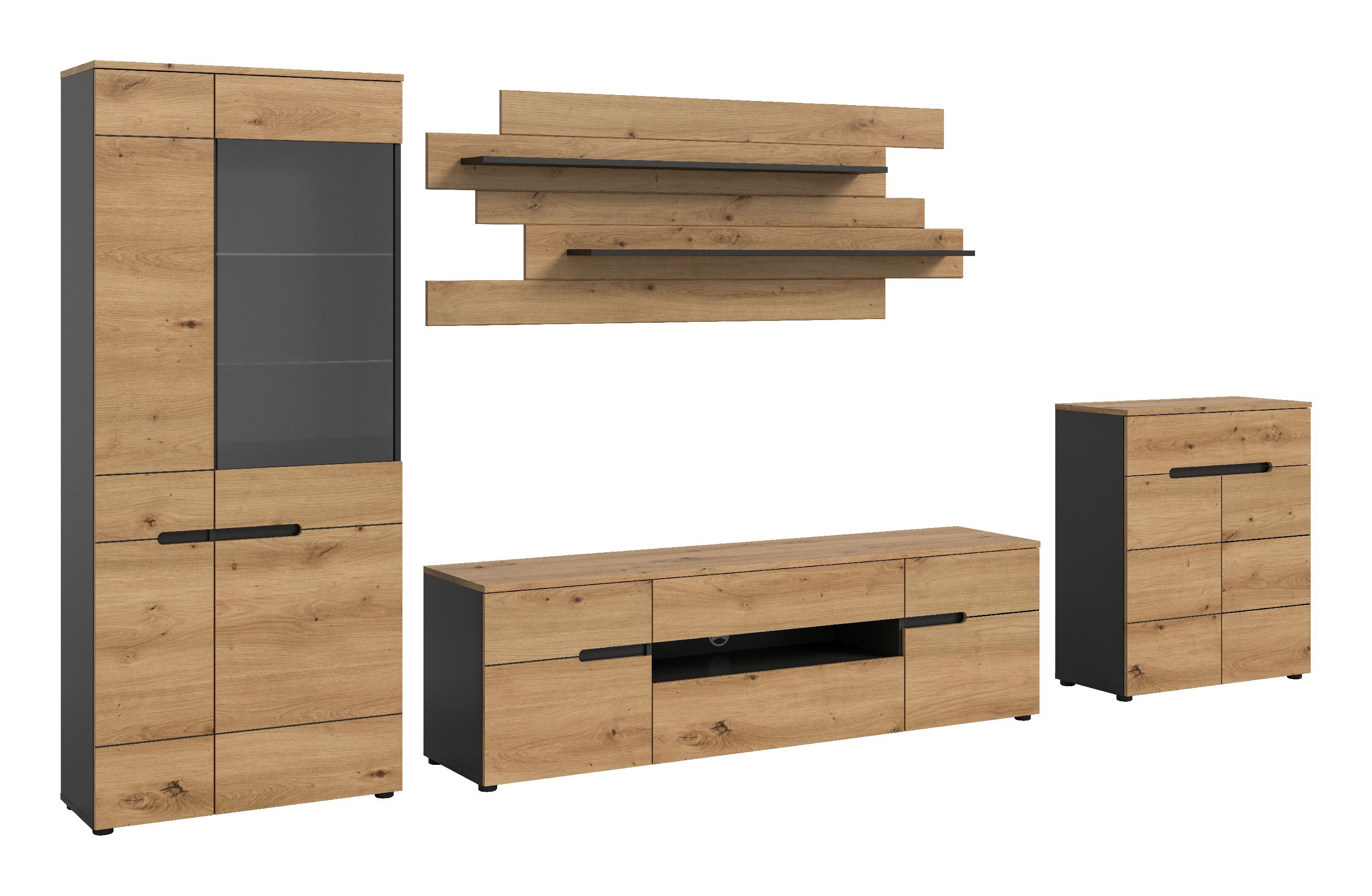 xonox.home Wohnwand Canu, (4tlg. Set inkl. Vitrine, Lowboard, Wandboard, Kommode), Basalt grau Melamin beschichtet modern 375x190x44 cm