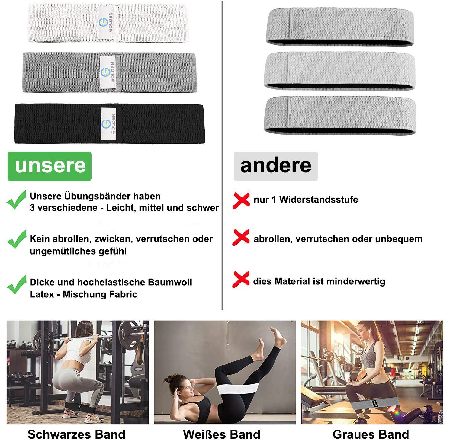 GOLDEN Trainingsbänder Fitnessband Hüftbänder Übungsband Sportband Widerstandsbänder Training