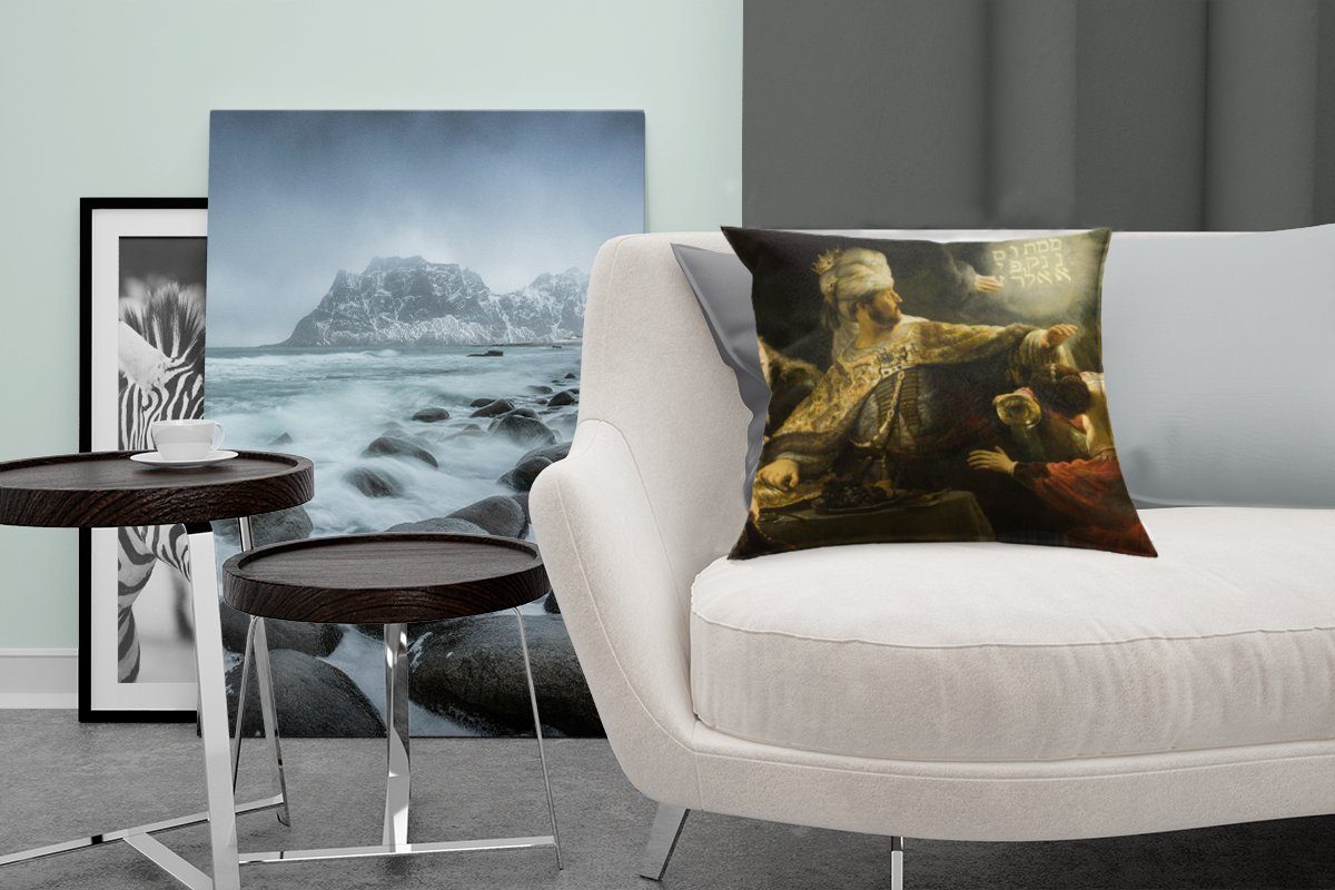 Wohzimmer, für Dekokissen MuchoWow Belsazar Zierkissen von mit Rembrandt Schlafzimmer, des Deko, van Rijn, Sofakissen Gastmahl - Gemälde Das Füllung