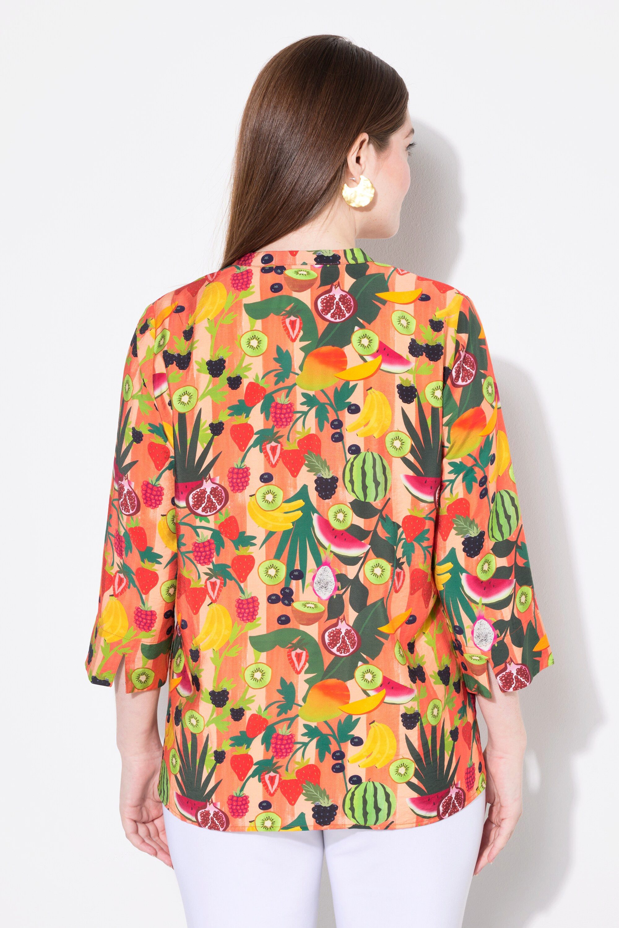 Ulla Popken Longbluse Tunika Früchte Stehkragen V-Ausschnitt 3/4-Arm