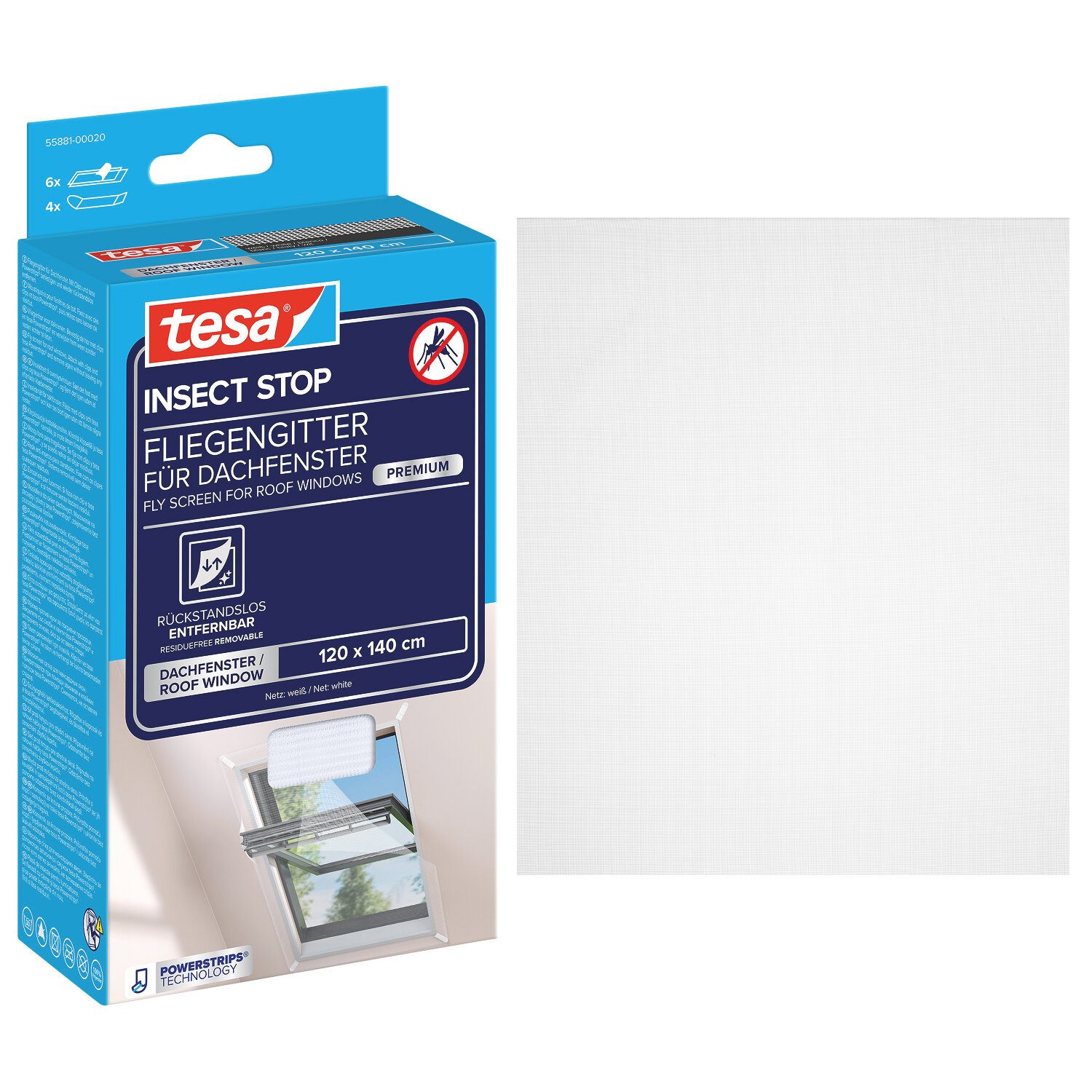 tesa Fliegengitter-Gewebe Fliegengitter für Dachfenster Premium Fenster, (Komplett-Set, 1-St., INSECT STOP 1,20 m x 1,40 m - Weiß (leichter Sichtschutz), Insektenschutz für Fenster - Fliegen Netz selbstklebend