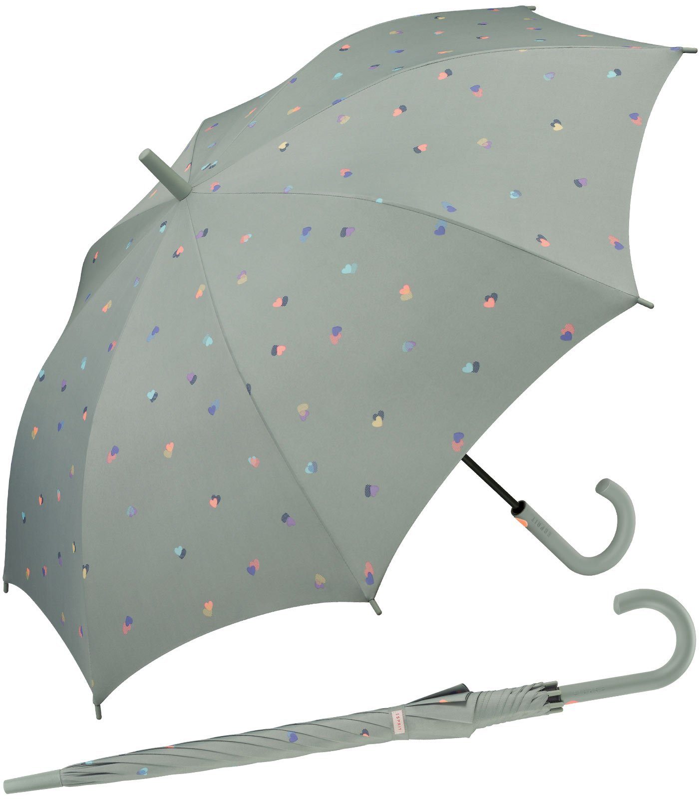 Esprit Langregenschirm großer Regenschirm für Damen mit Auf-Automatik, stabil, leicht mit Herzen-Motiv - grau