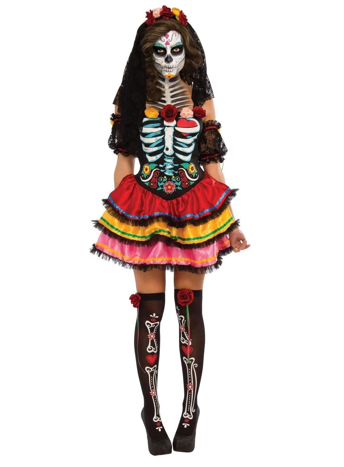 Rubie´s Kostüm Blütenpracht Catrina, Farbenprächtiges Minikleid für Halloween mit vielen Deko-Rosen