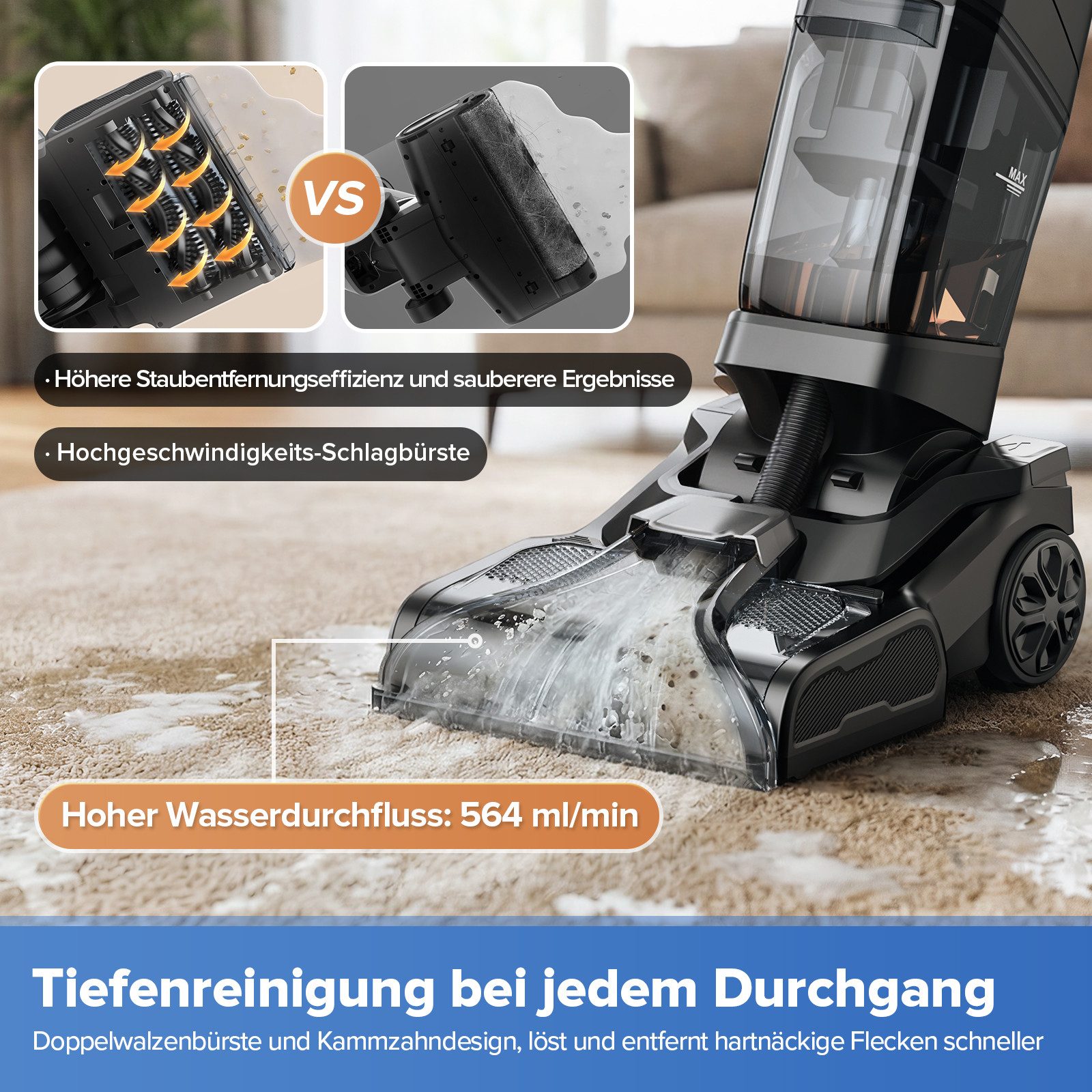 lubluelu Teppichreinigungsgerät X3 Professional Teppichreiniger Nasssauger Reinigungsgerät 19Kpa, 1200 W, beutellos, Dual-Tank, reinigt Flecken auf Teppichboden, Polster, Treppe