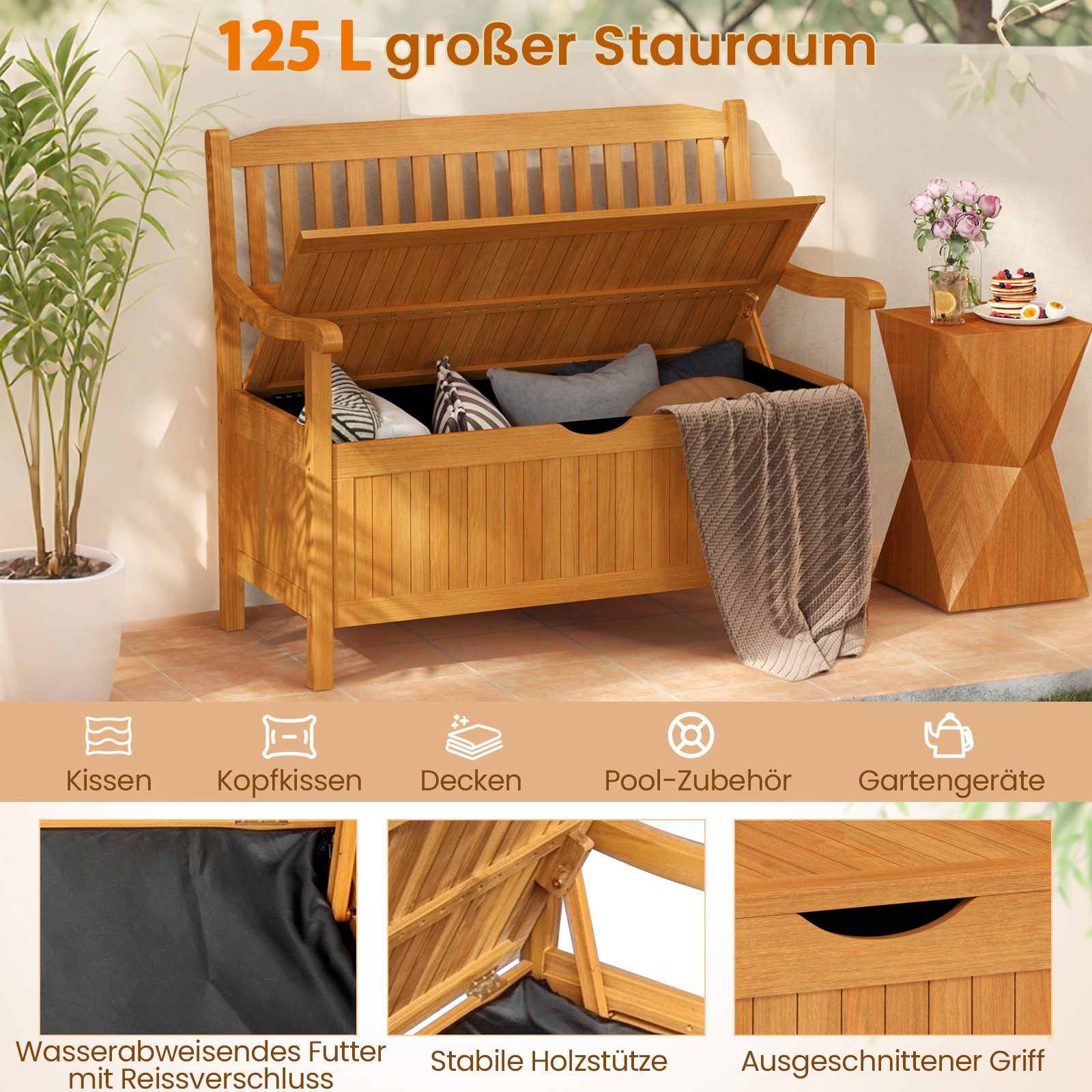 COSTWAY Gartenbank, 2 Sitzer, mit Stauraum & Innensack, Massivholz, 360kg, 107cm