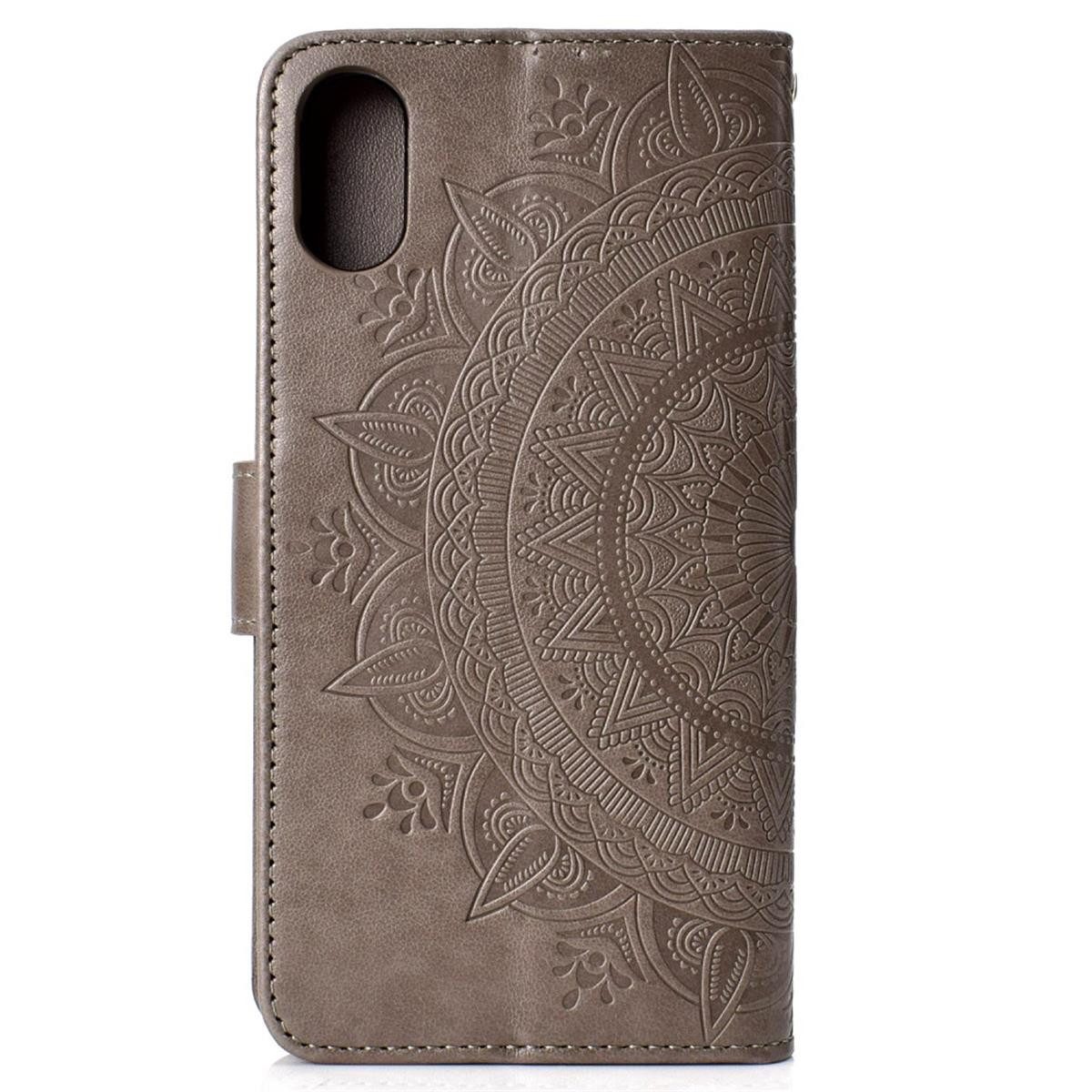 CoverKingz Handyhülle Xiaomi Redmi 9A Handy Hülle Flip Case Cover Handytasche Mandala Grau 16,5 cm (6,5 Zoll), Klapphülle Schutzhülle mit Kartenfach Schutztasche Motiv Mandala