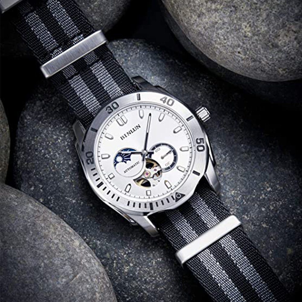 Edelstahl Uhrenarmbänder mit Nylon Armband Ersatzuhrarmbänder schnalle GelldG Schwarz+grau(1,8cm)