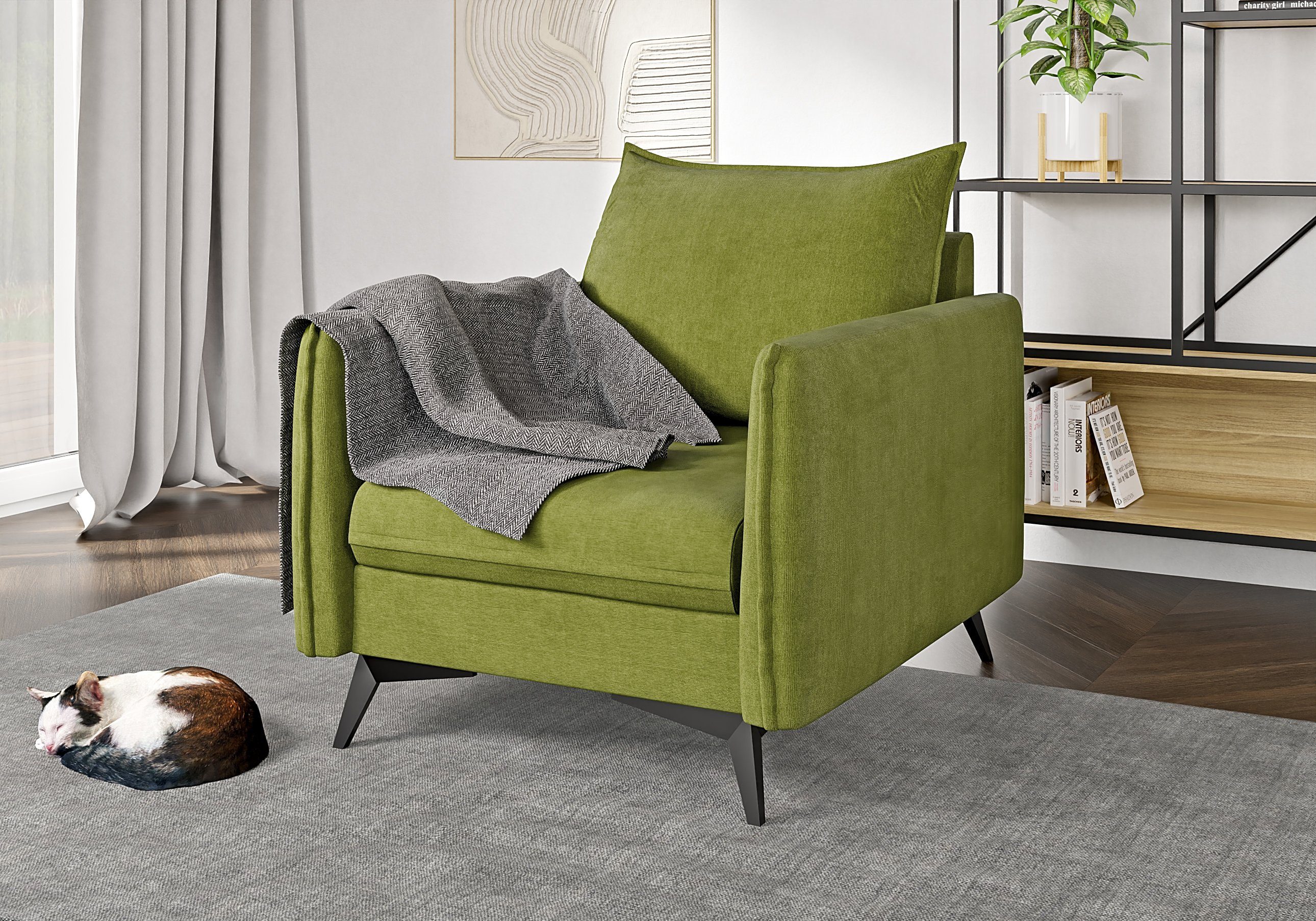 1x 2-Sitzer-Sofa, Azalea 3-Sitzer-Sofa, 1x mit Sessel), Metall 3+2+1 Modernes Möbel Polstergarnitur Wellenfederung S-Style mit Grün Füßen, (1x Schwarz