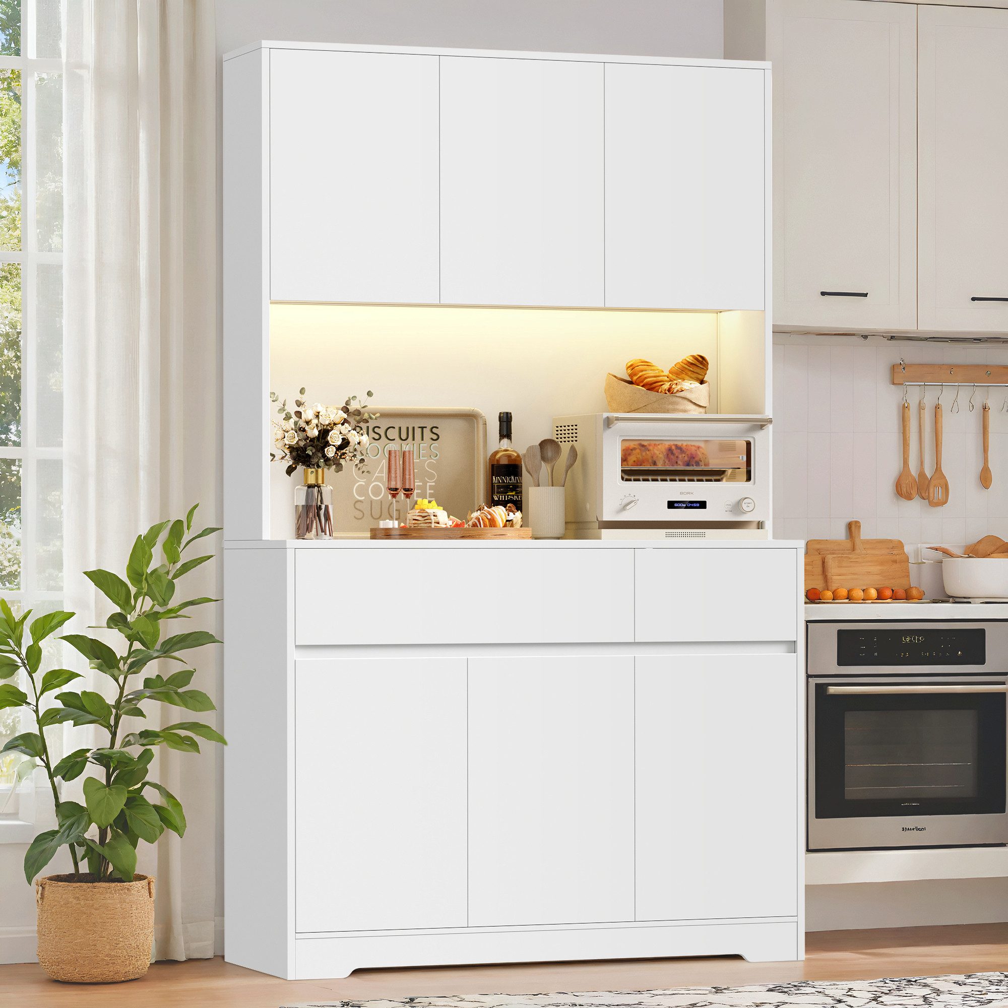 Homfa Küchenbuffet Küchenschrank mit LED Buffetschrank mit Steckdosen Hochschrank mit Arbeitsplatte, 6 Türen und Schubladen – Bild 5 von 5