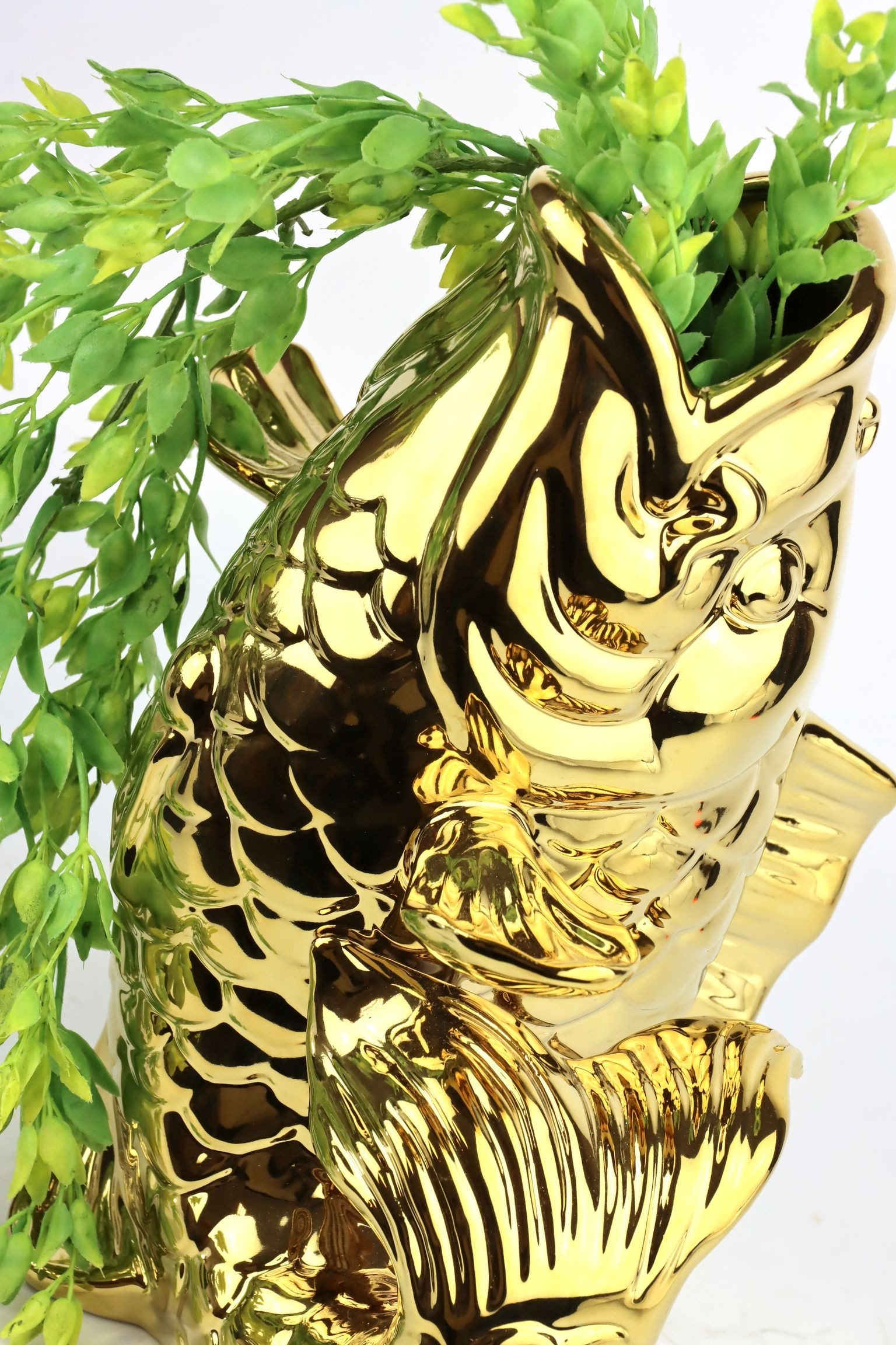 FURNARO Dekovase (1 St), Keramikvase in Fischform, goldfarben