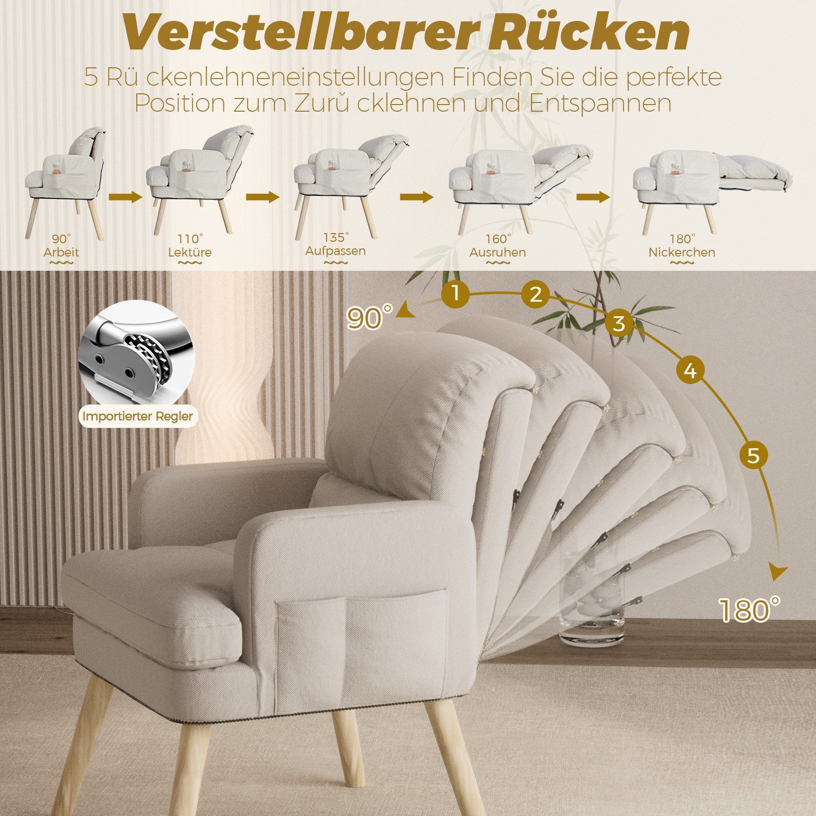 PFCTART Relaxsessel Relaxsessel mit Hocker – 2-teiliges Komfort-Set in Beige (Baumwoll-Leinenbezug & Massivholzbeine – ideal für Wohnzimmer & Büro), 5-fach verstellbare Rückenlehne & Seitentasche für mehr Funktion