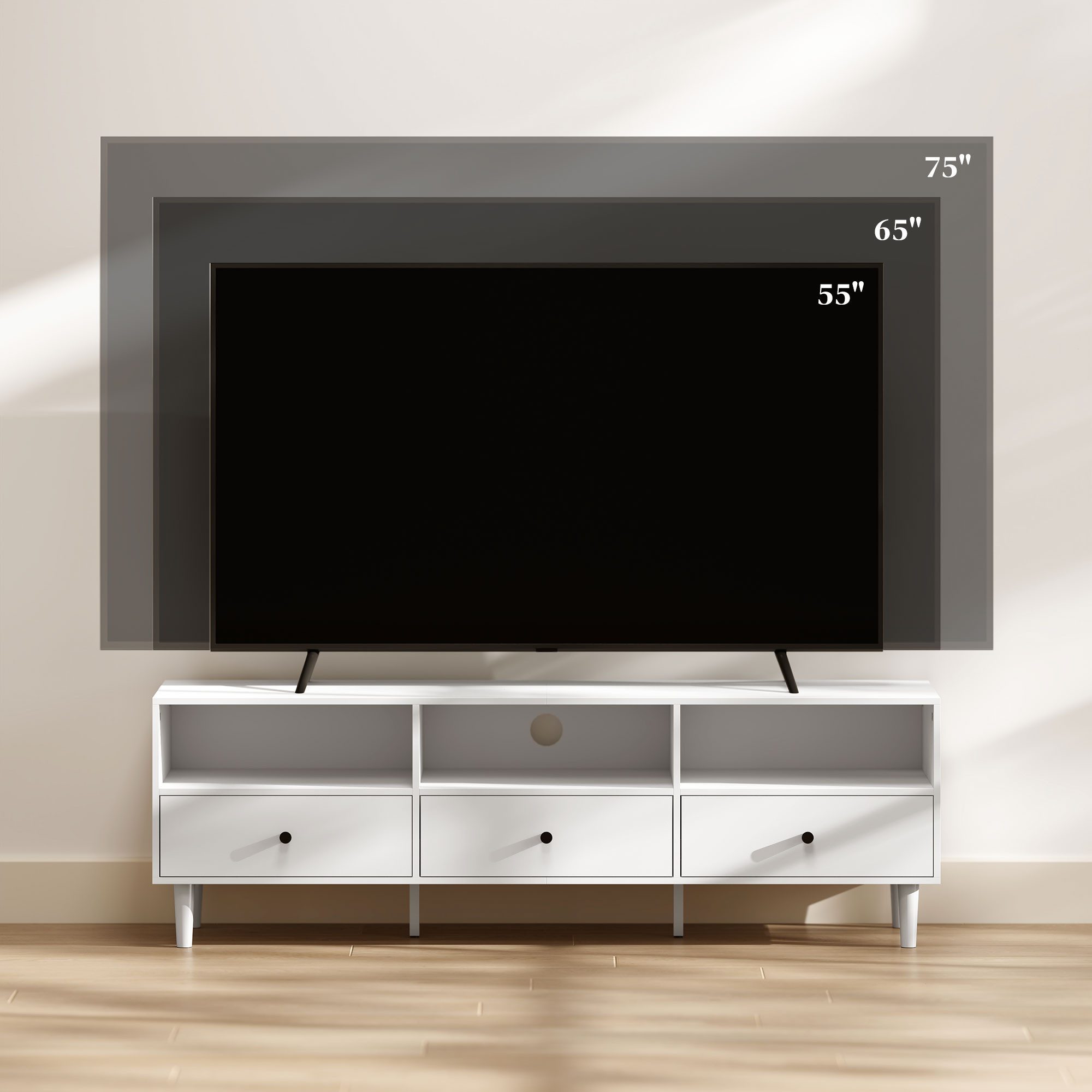 HOMCOM TV-Board TV Schrank mit Schubladen, 3 offenen Fächern (140 cm lang TV Kommode, 1 St., TV Lowboard mit Kabelmanagement), Fernsehtisch für Wohnzimmer Weiß 140 x 34 x 45 cm