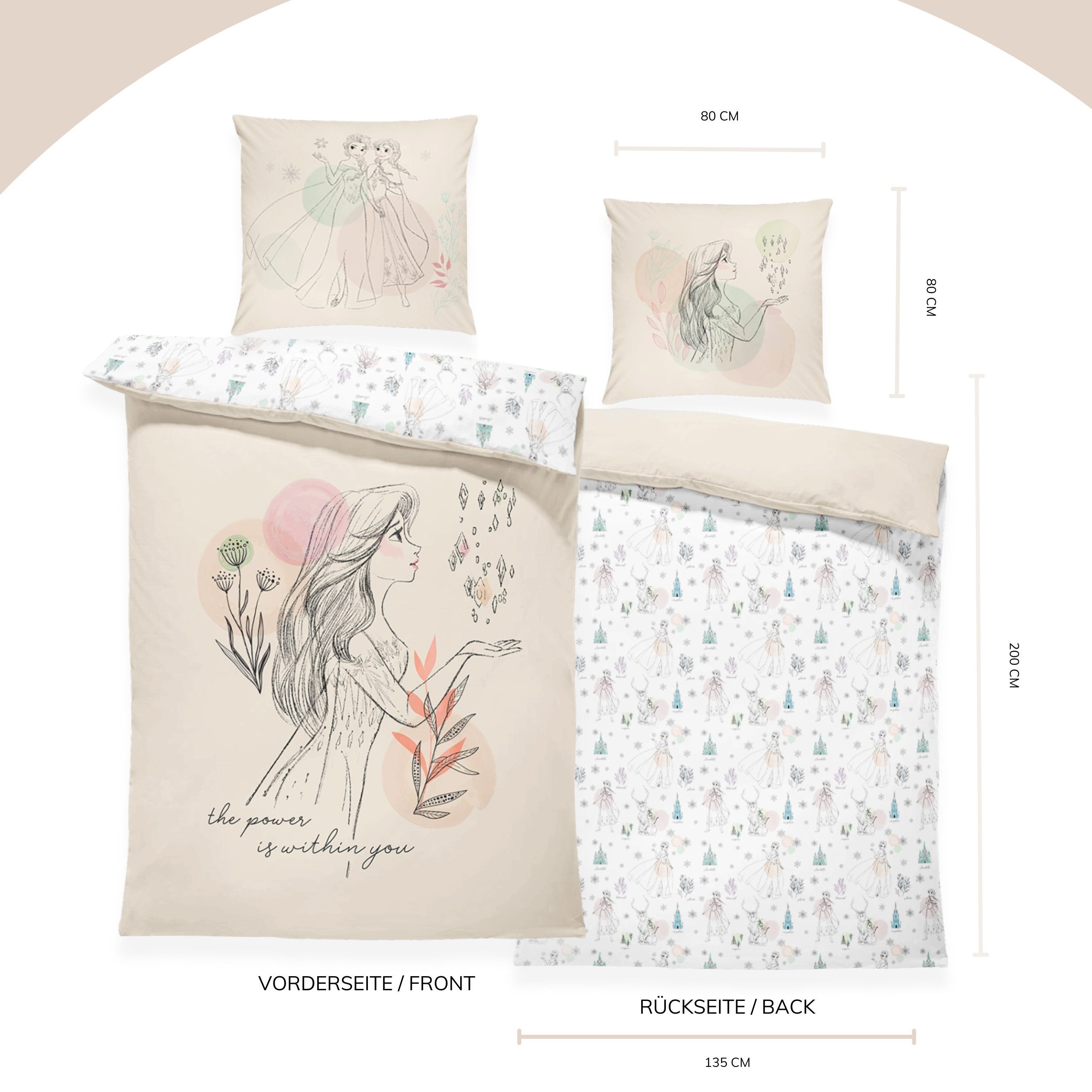 MTOnlinehandel Kinderbettwäsche Disney „Die Eiskönigin“ Frozen 135x200 + 80x80 cm, Renforcé, 100% Baumwolle, 2 teilig, Anna & Elsa im stilvollen Zeichnungsdesign in sanften Pastelltönen