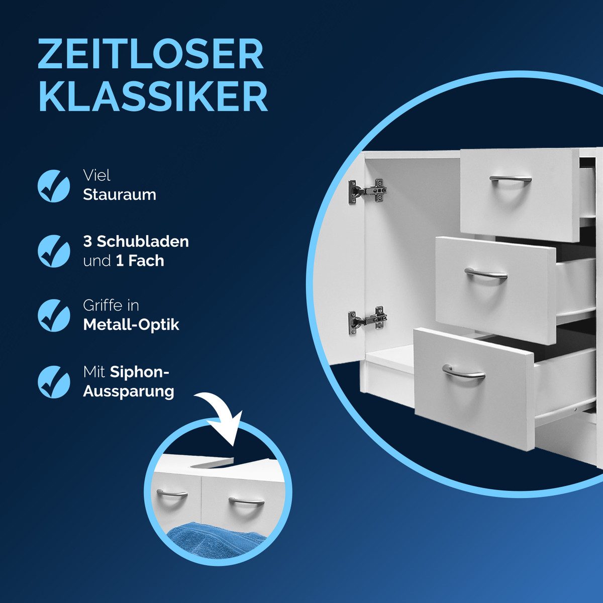 Casaria Waschbeckenunterschrank Neapel mit Schubladen 63cm Breit Waschbecken Unterschrank Badezimmer Stehend