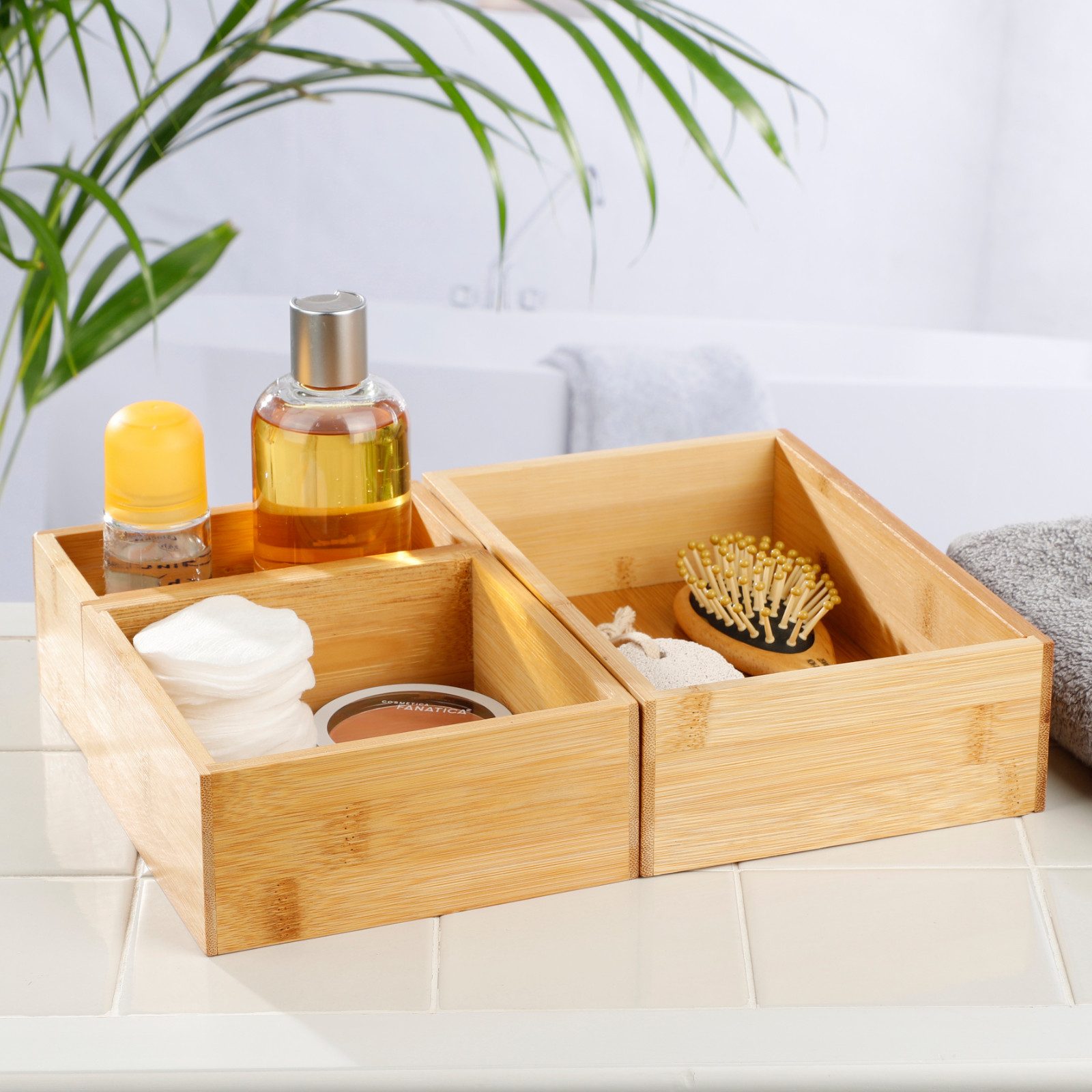 Haushalt International Aufbewahrungsbox Organizer Schreibtischorganizer 3tlg Bambus Kasten (Set, 3 St., Packung), Naturholz, Büro, 3 Größen, Badezimmer