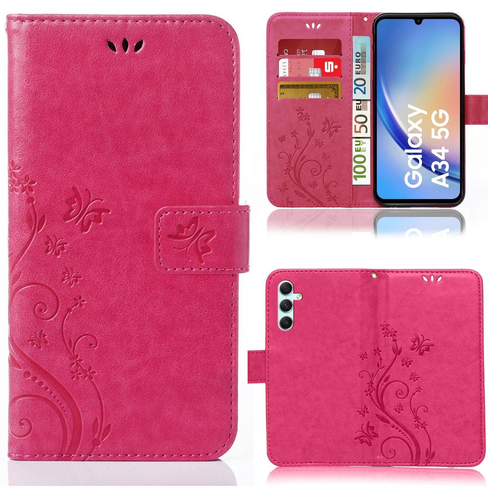 Numerva Handyhülle Bookstyle Flower für Samsung Galaxy A34 5G, Handy Tasche Schutzhülle Klapphülle Flip Cover mit Blumenmuster