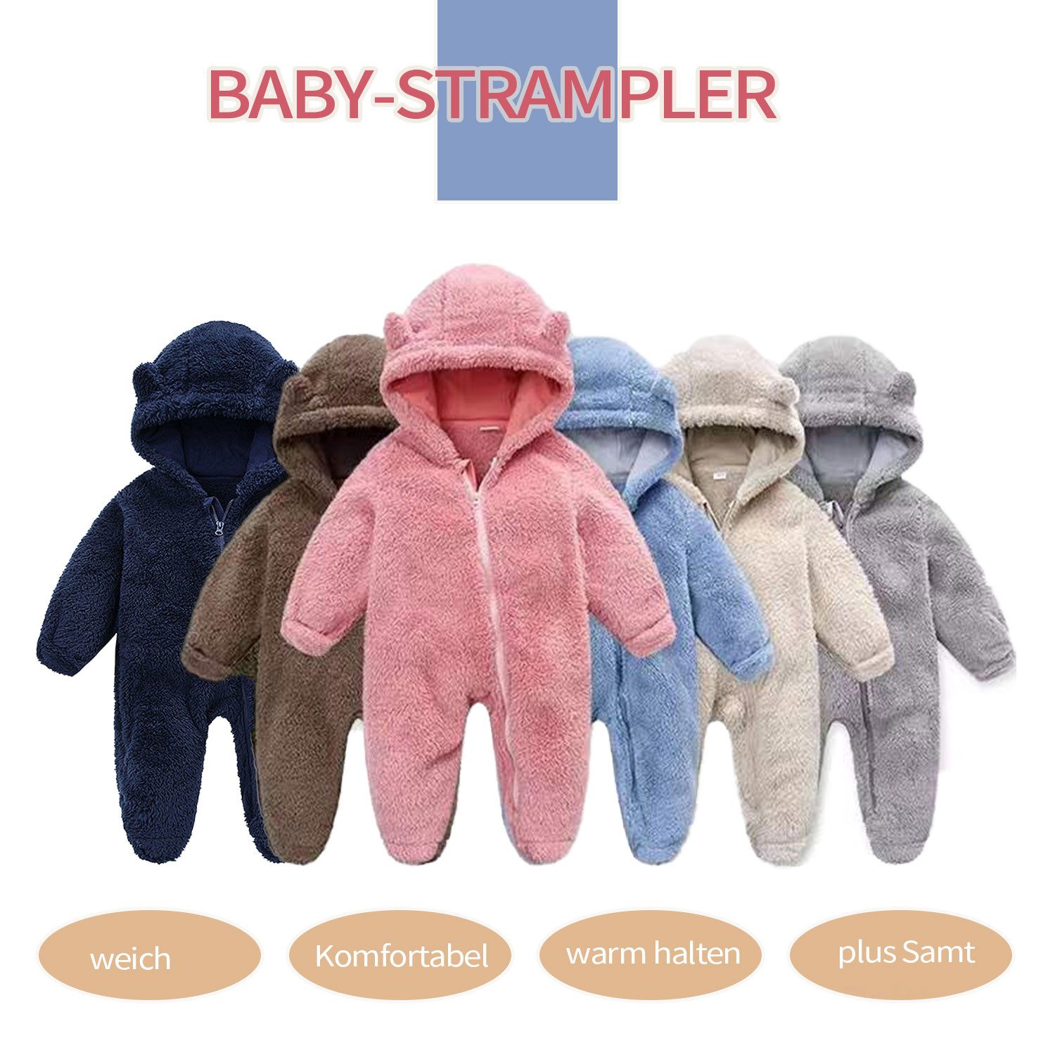 Refttenw Strampler Winter Warme Baby Strampler Neugeborene Fleeceoverall für 0-12 Monate mit Kapuze & Reißverschluss